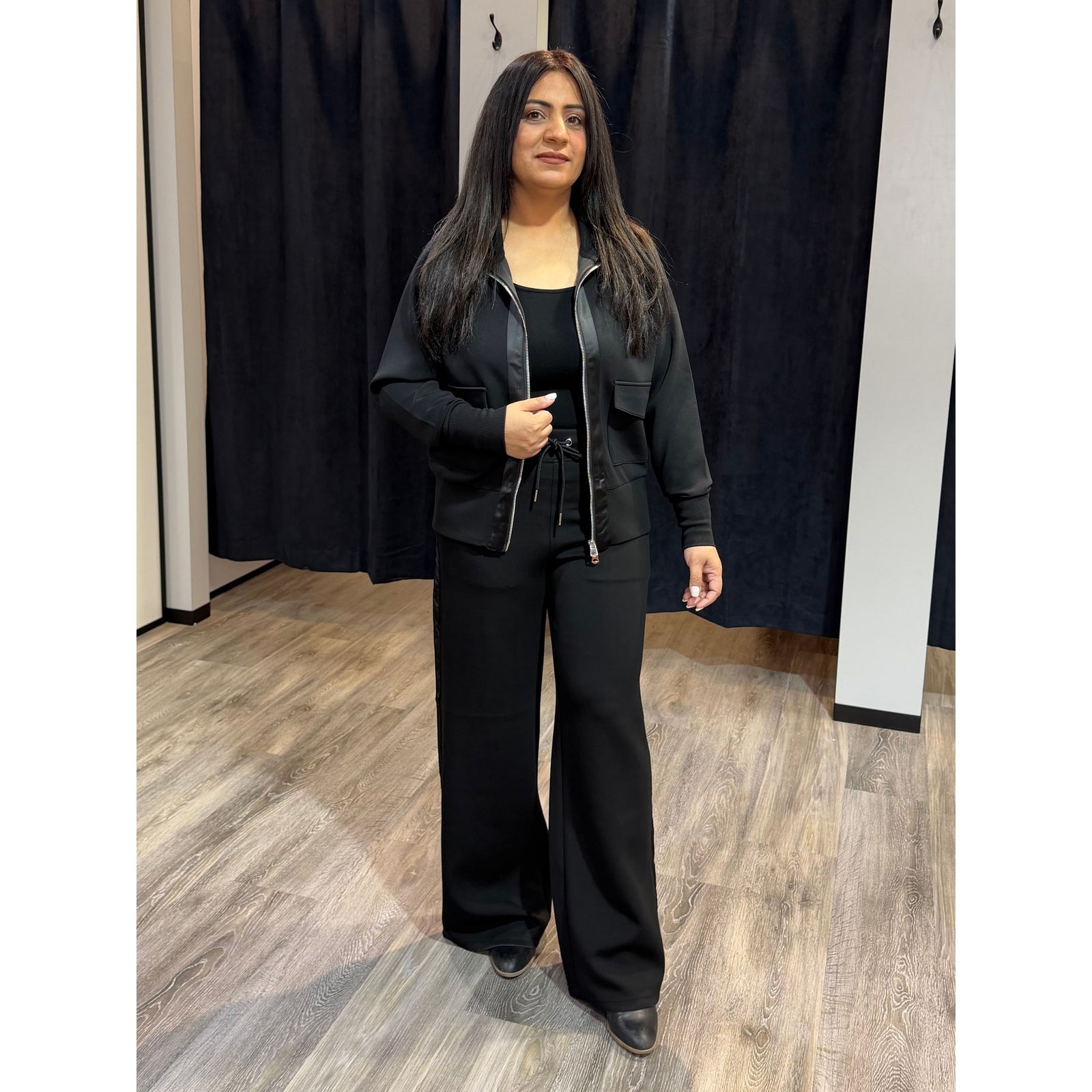 Saruna Satin Trim Soft Knit Mock Zip Up