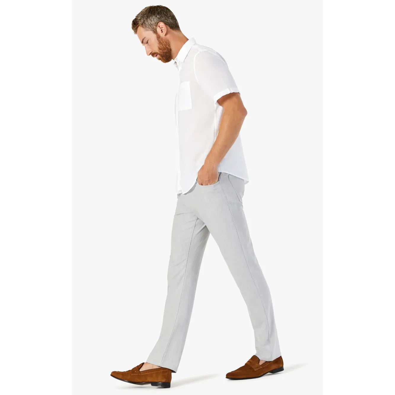 34 Heritage Courage in Bone Cross Twill: light bone straight-leg pants on a male model with a white shirt