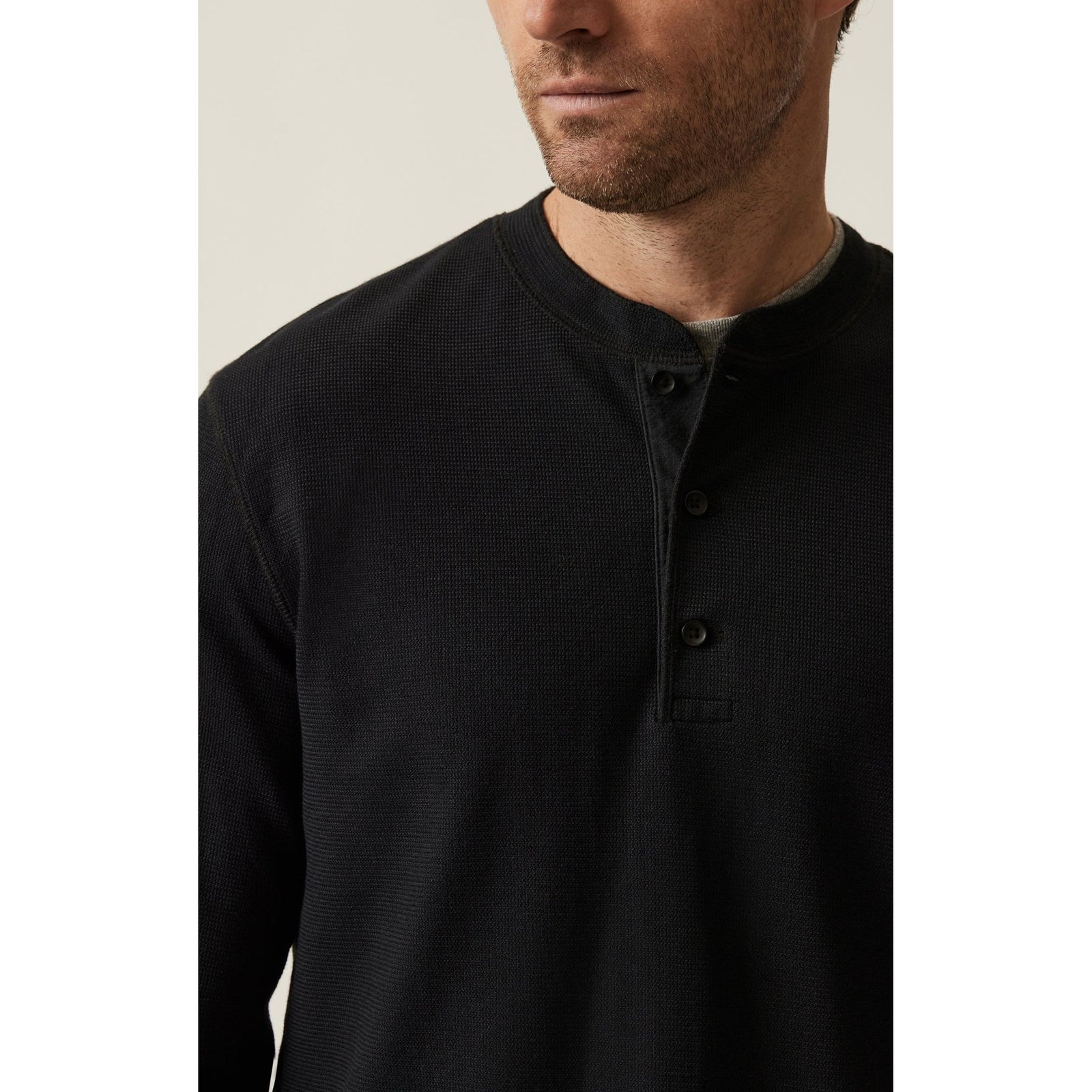34 Heritage Long Sleeve Henley in jet black, soft Pima cotton blend with spandex, three-button placket on a male model.