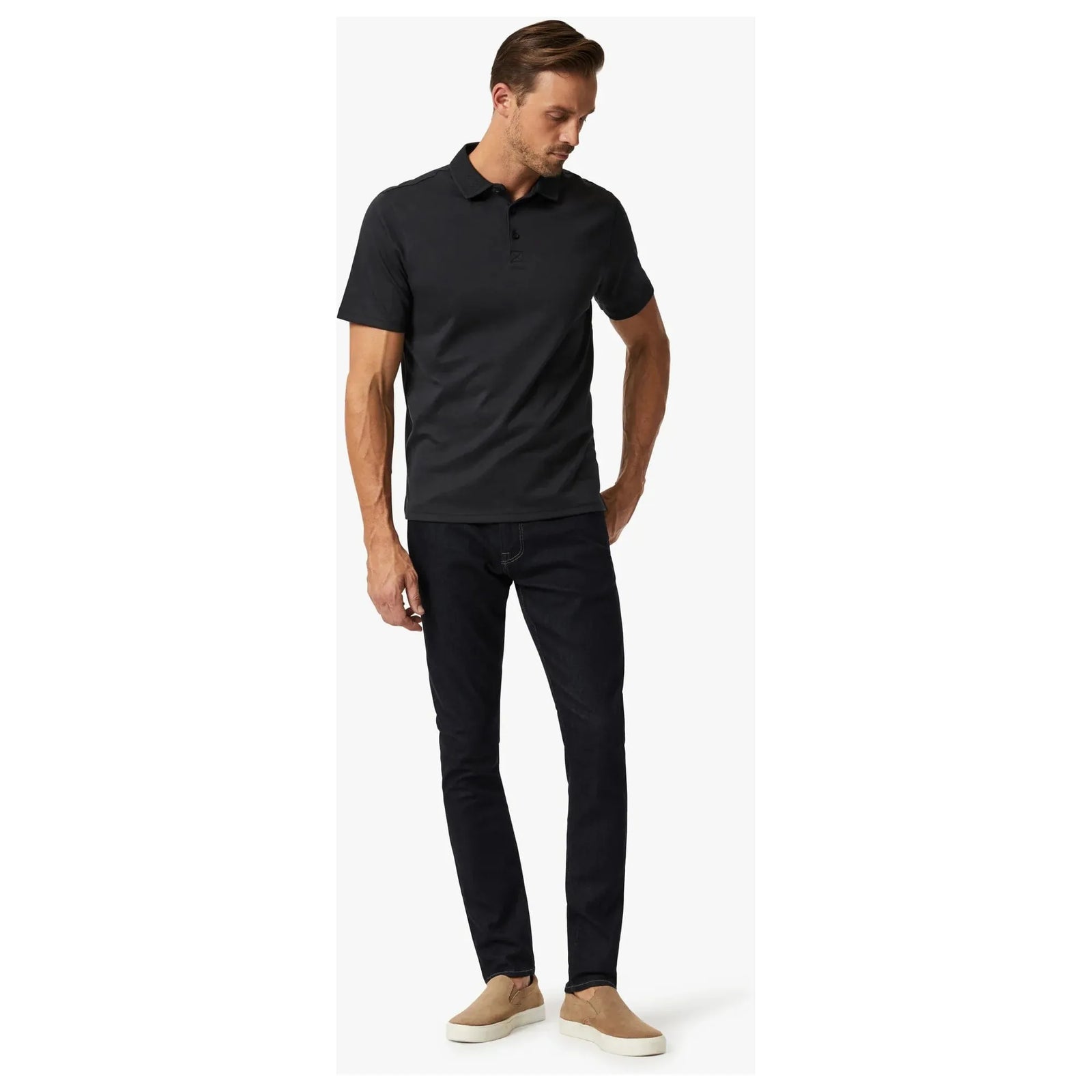 Men's 34 Heritage Polo Shirt in black, featuring a three-button neckline and textured collar for stylish comfort.