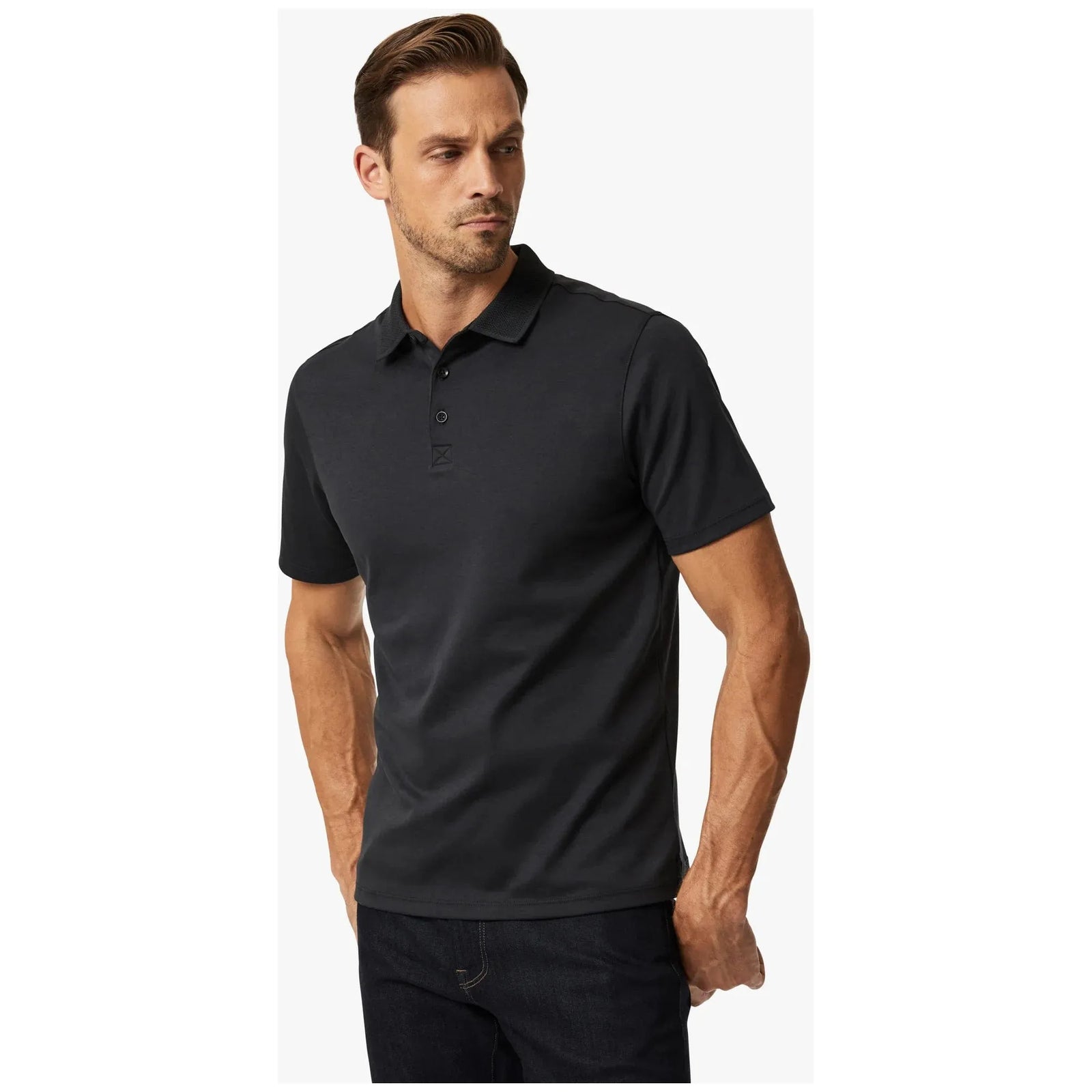 Stylish 34 Heritage Polo Shirt in black, featuring a three-button neckline and textured collar for effortless flair.
