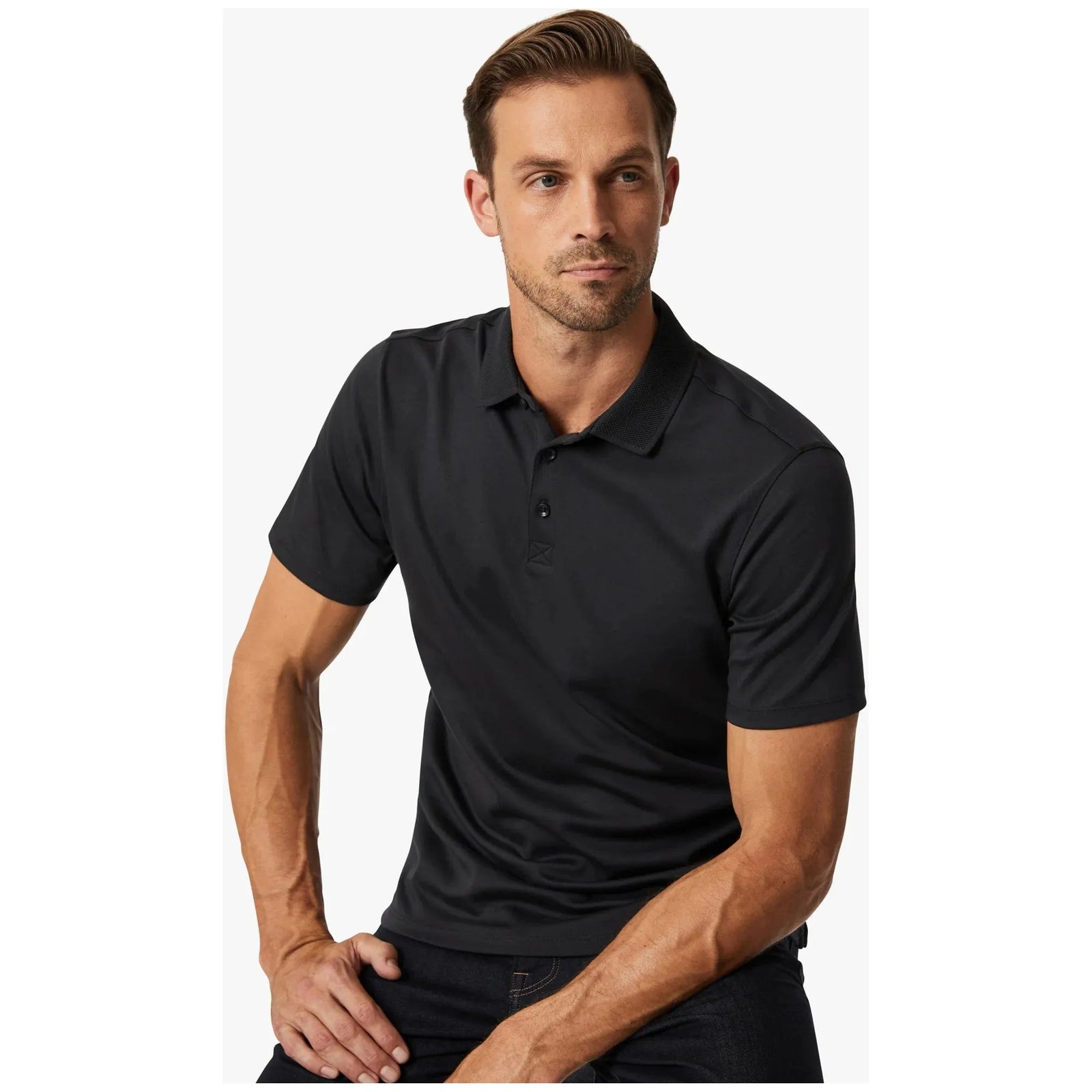 Stylish 34 Heritage Polo Shirt with a textured collar and three-button neckline, perfect for all-day comfort.