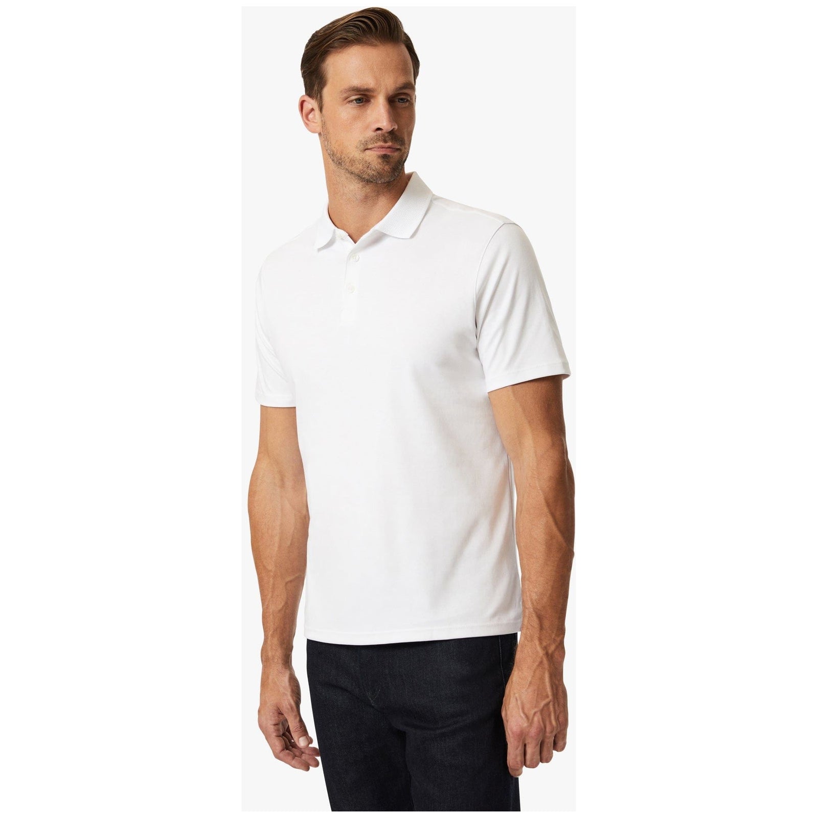 Men's 34 Heritage Polo Shirt in white features a three-button neckline and textured collar for stylish comfort.