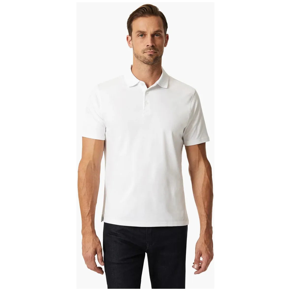 Stylishly fitted 34 Heritage Polo Shirt in white, featuring a three-button neckline and breathable fabric for comfort.