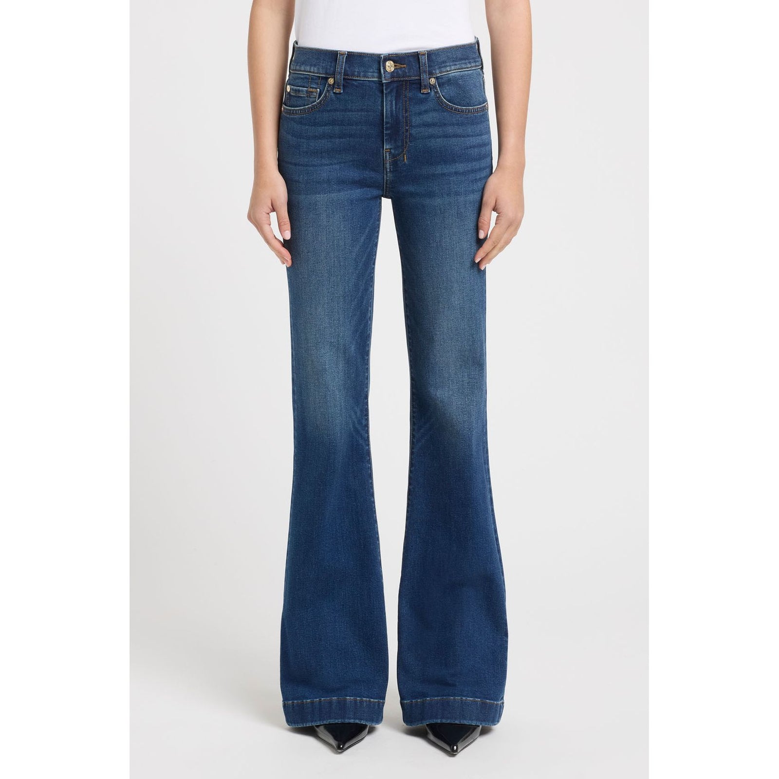 7 for all Mankind Dojo in Koko jeans, mid-rise flare with tailorless inseam in dark indigo.