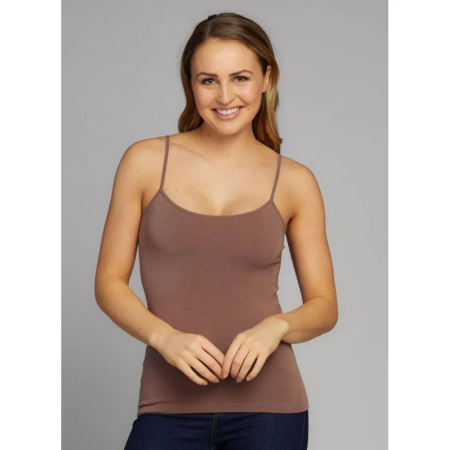 C'est Moi Bamboo Cami waist-length taupe camisole with adjustable straps on a smiling model.