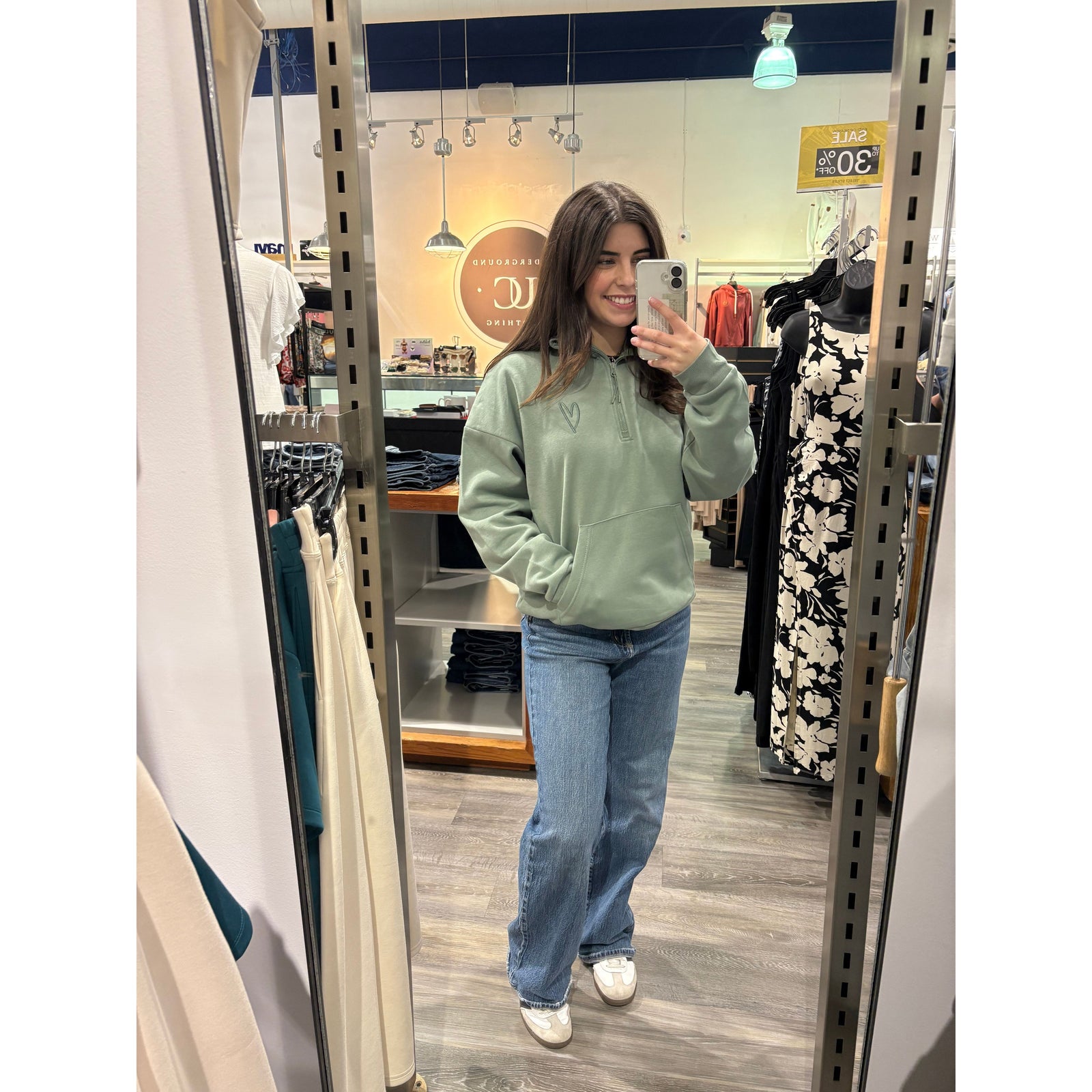 Keep Going Half Zip Hoodie in sage green, oversized unisex hoodie with in-house embroidery “keep going.”