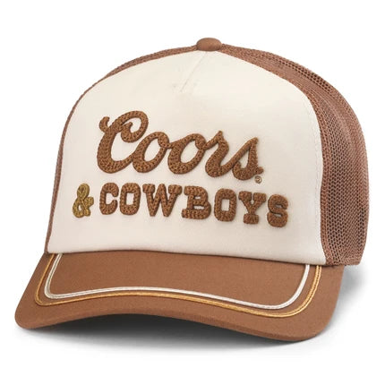Coors & Cowboys trucker hat with cream front, brown mesh, and embroidered logo. Classic Western style cap for outdoor adventures.