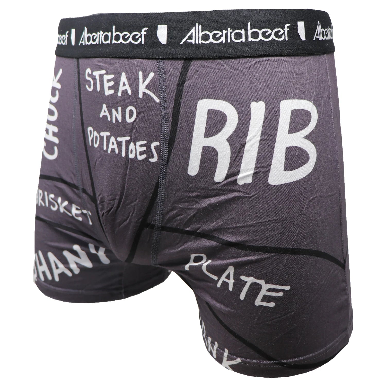 Berta Beef Cuts Boxer Brief with steak-and-potatoes diagram and bold RIB print on purple fabric