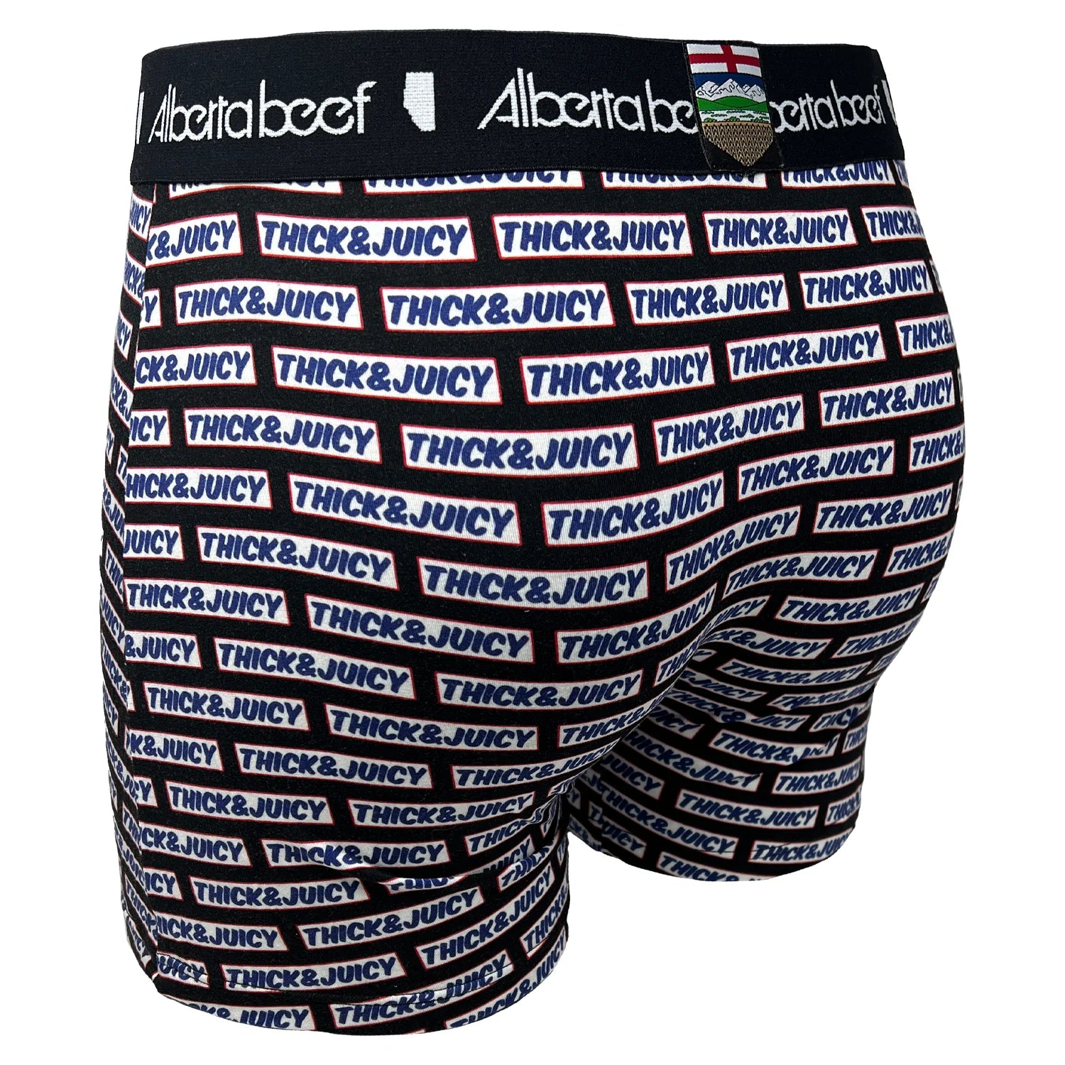 Berta Beef Thick & Juicy boxer briefs with allover THICK&JUICY print and branded black waistband.