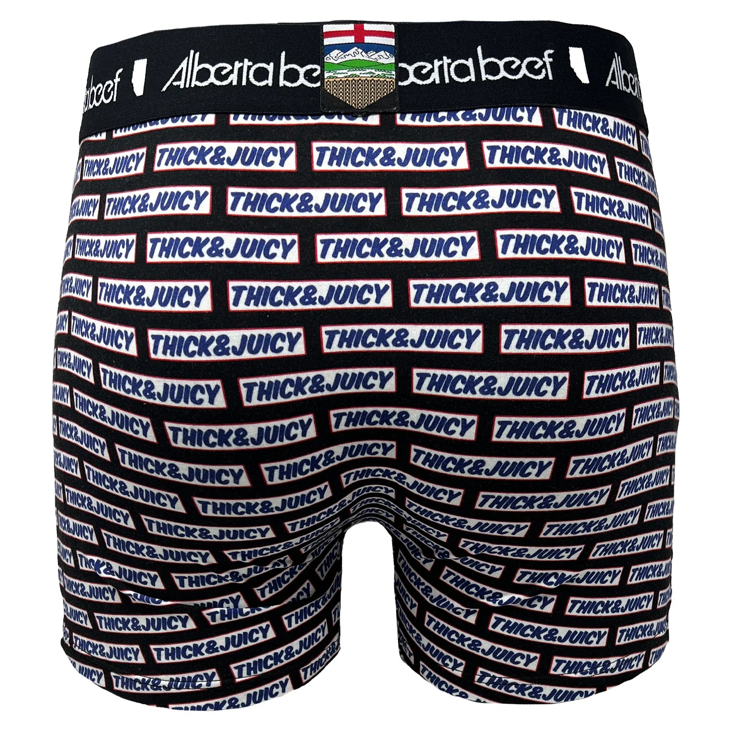 Berta Beef Thick & Juicy boxer briefs with all-over THICK&JUICY label pattern on black fabric and branded waistband.