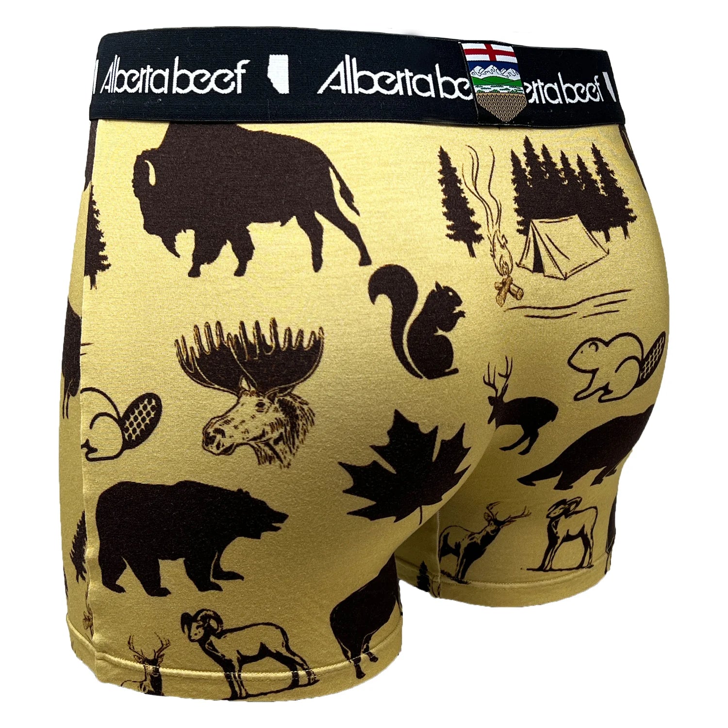 Gold Berta Beef Wallpaper boxer briefs with Alberta beef print silhouettes and camping scene on black waistband.