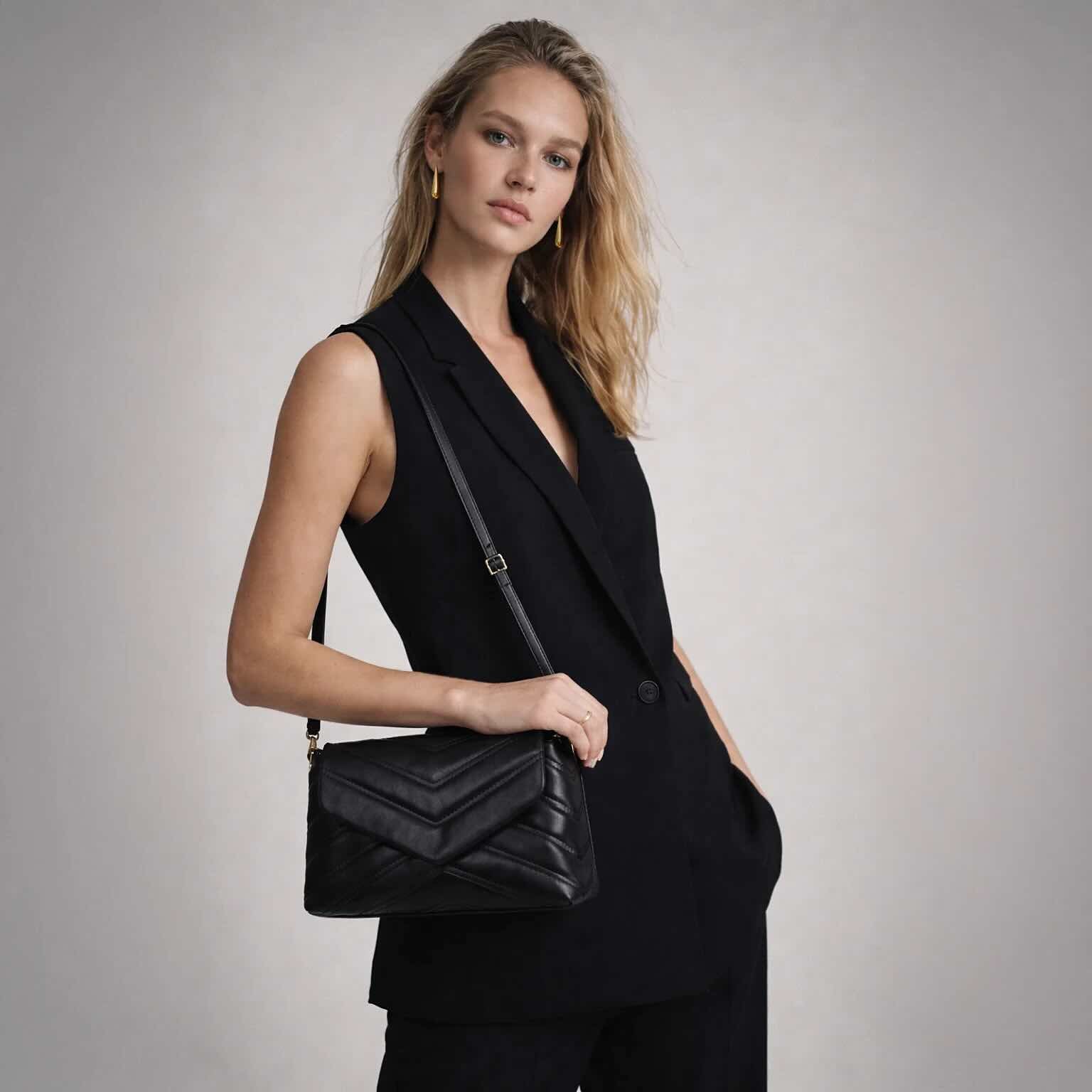 Black quilted PU crossbody handbag with V-stitch chevron quilting and adjustable strap.