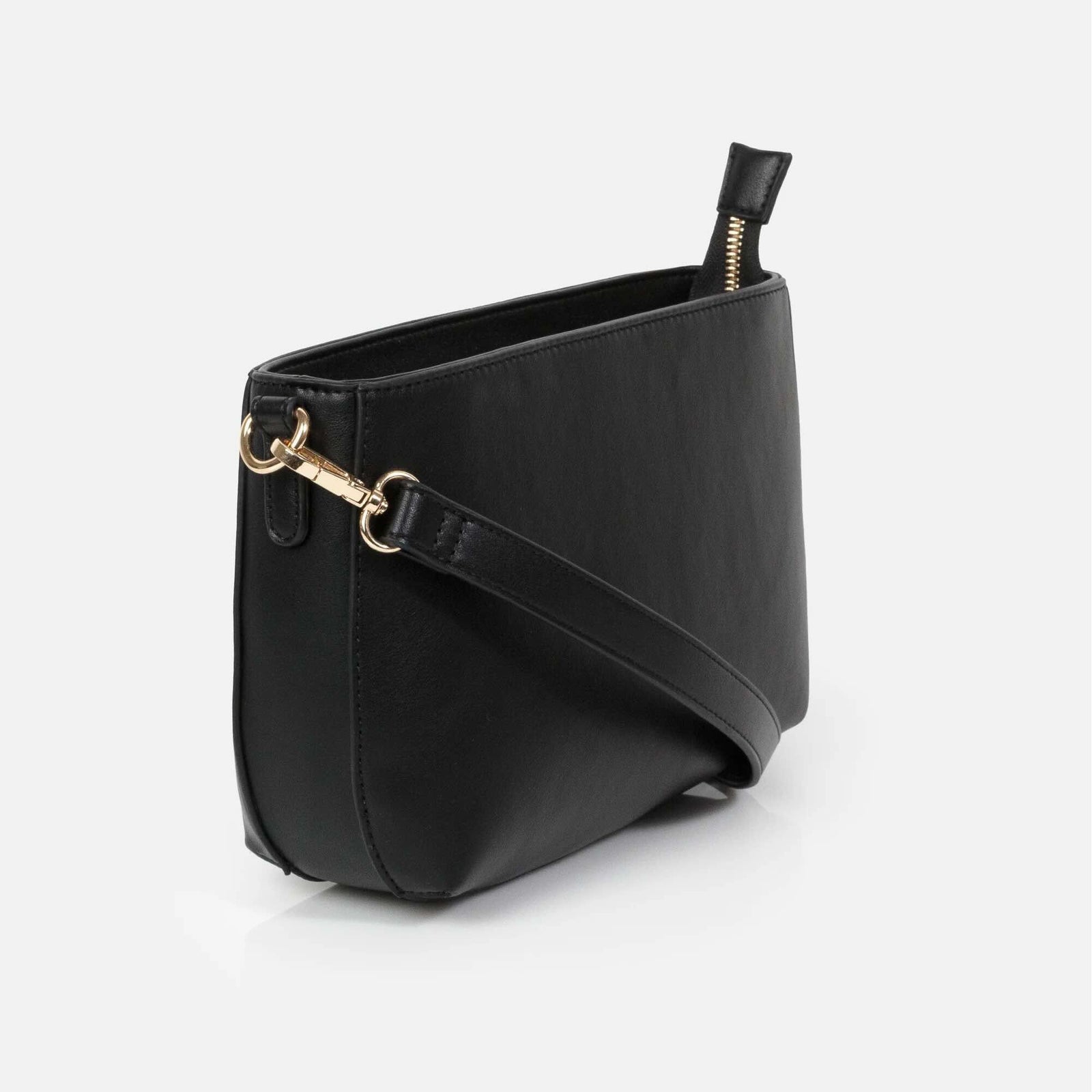 Black smooth PU handbag with minimalist design, gold-tone hardware, and crossbody strap.