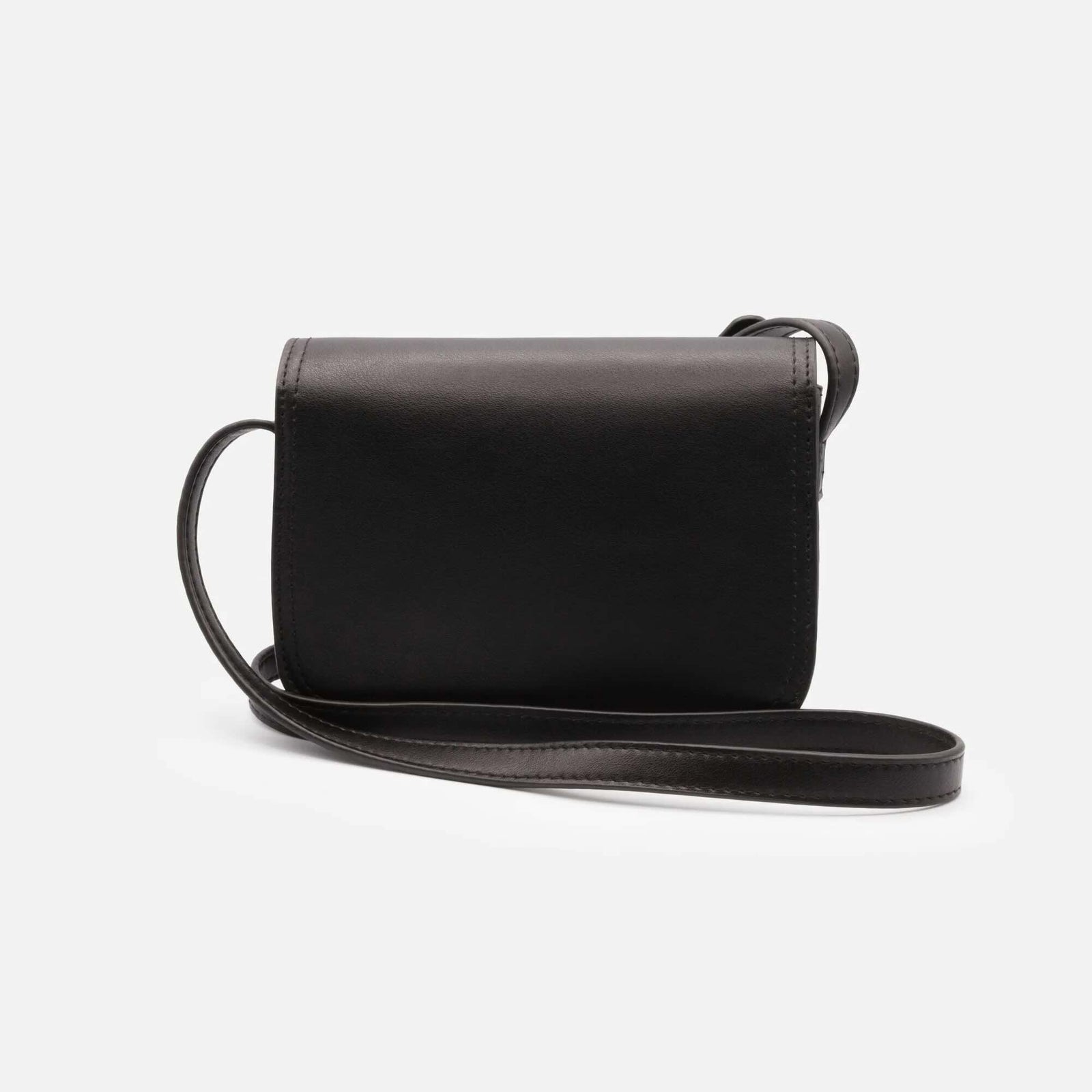 Black smooth PU shoulder bag with an asymmetric flap, minimalist silhouette, gold hardware, crossbody strap.