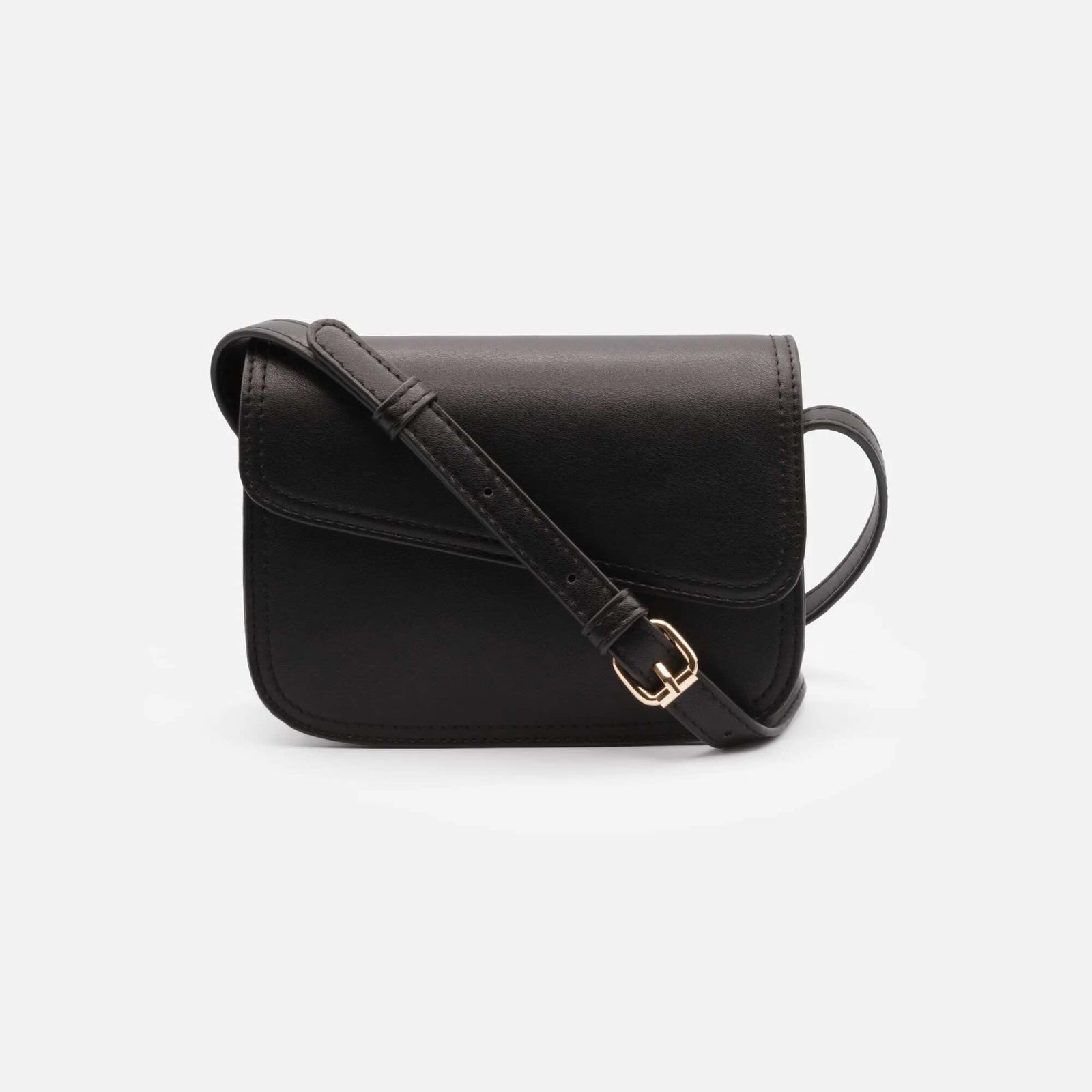 Black smooth PU shoulder bag with an asymmetric flap and gold hardware.