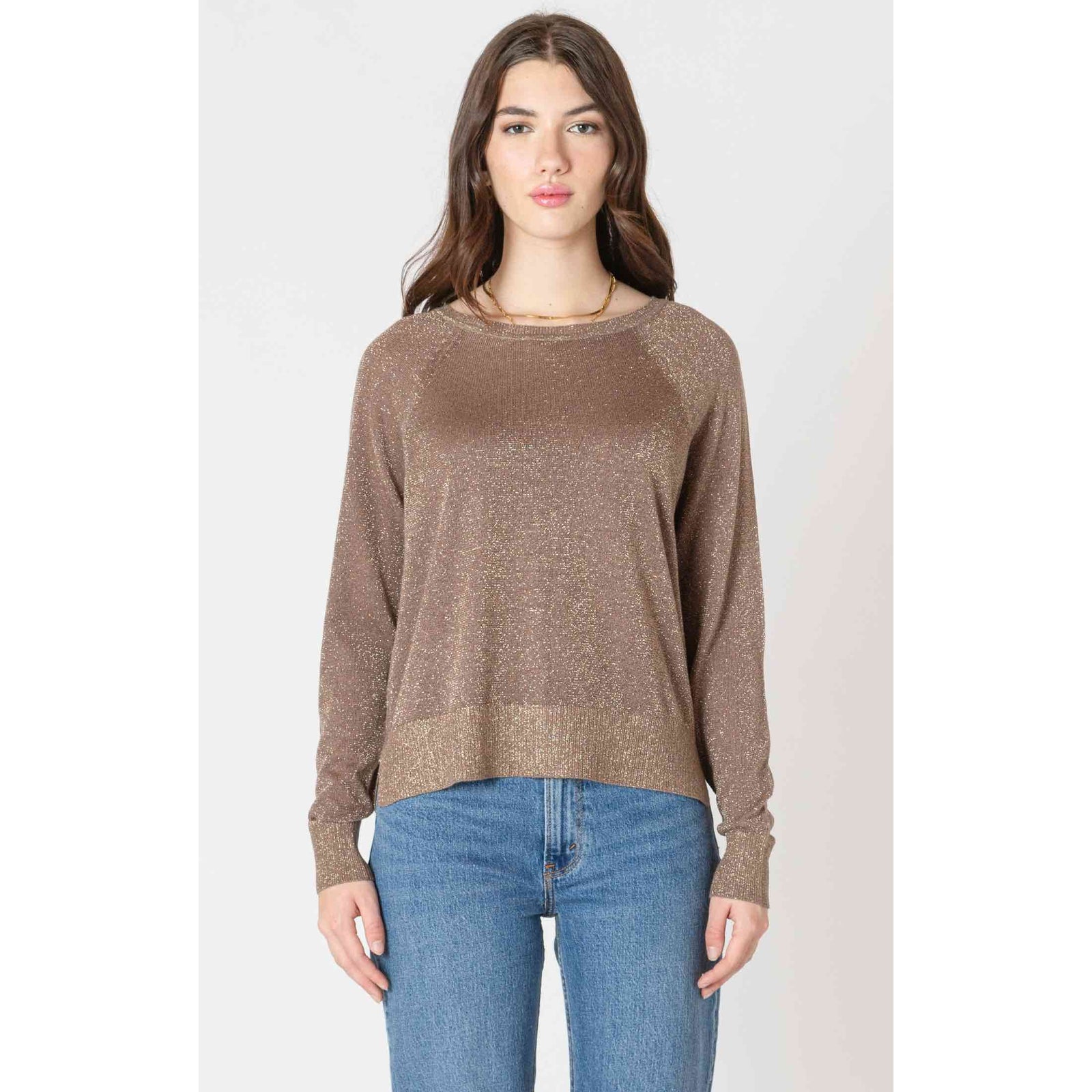 Dex Black Tape Lurex Raglan Sweater with shimmering finish and boat neck, raglan sleeves.