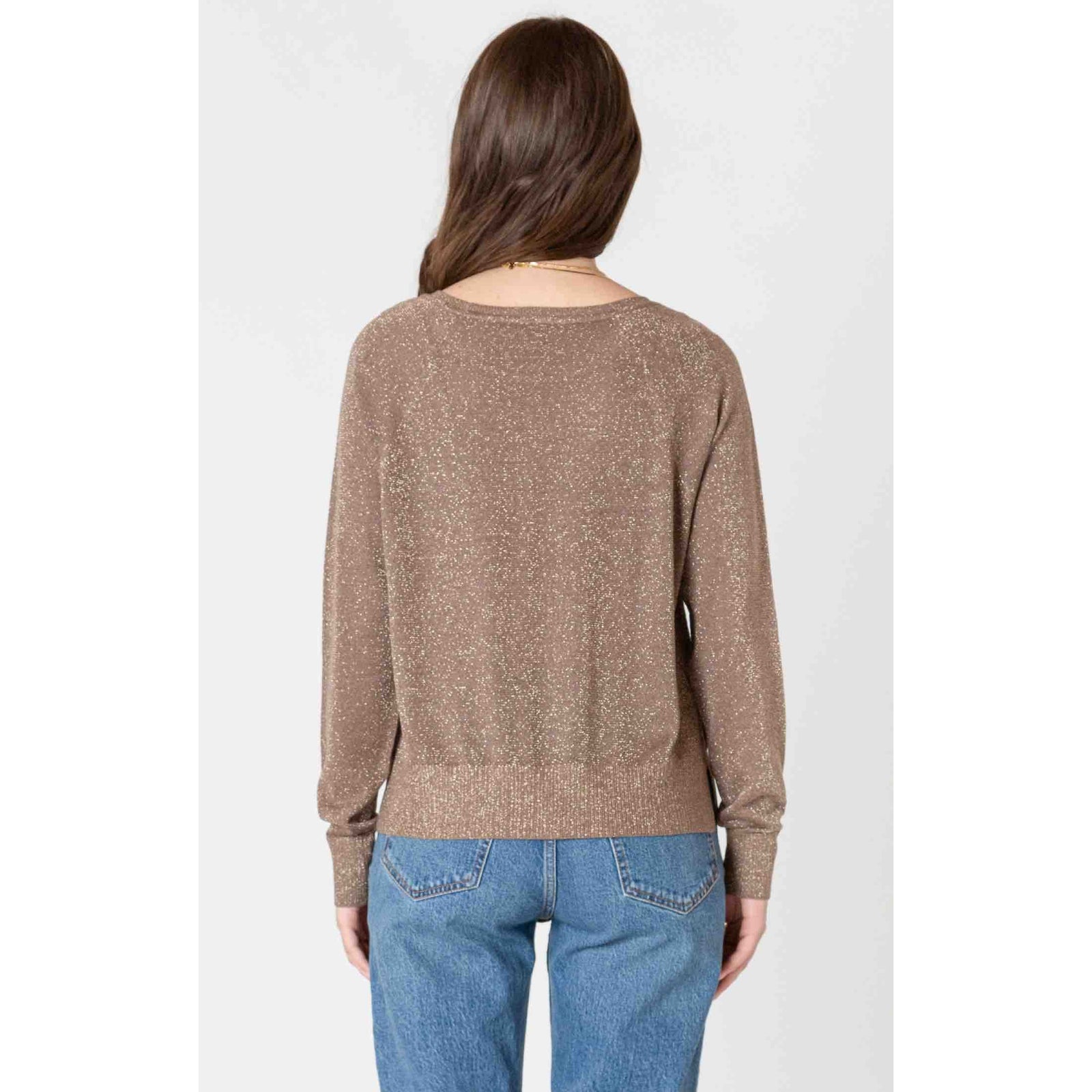 Dex Black Tape Lurex Raglan Sweater in taupe with shimmer, back view showing raglan sleeves and ribbed hem.