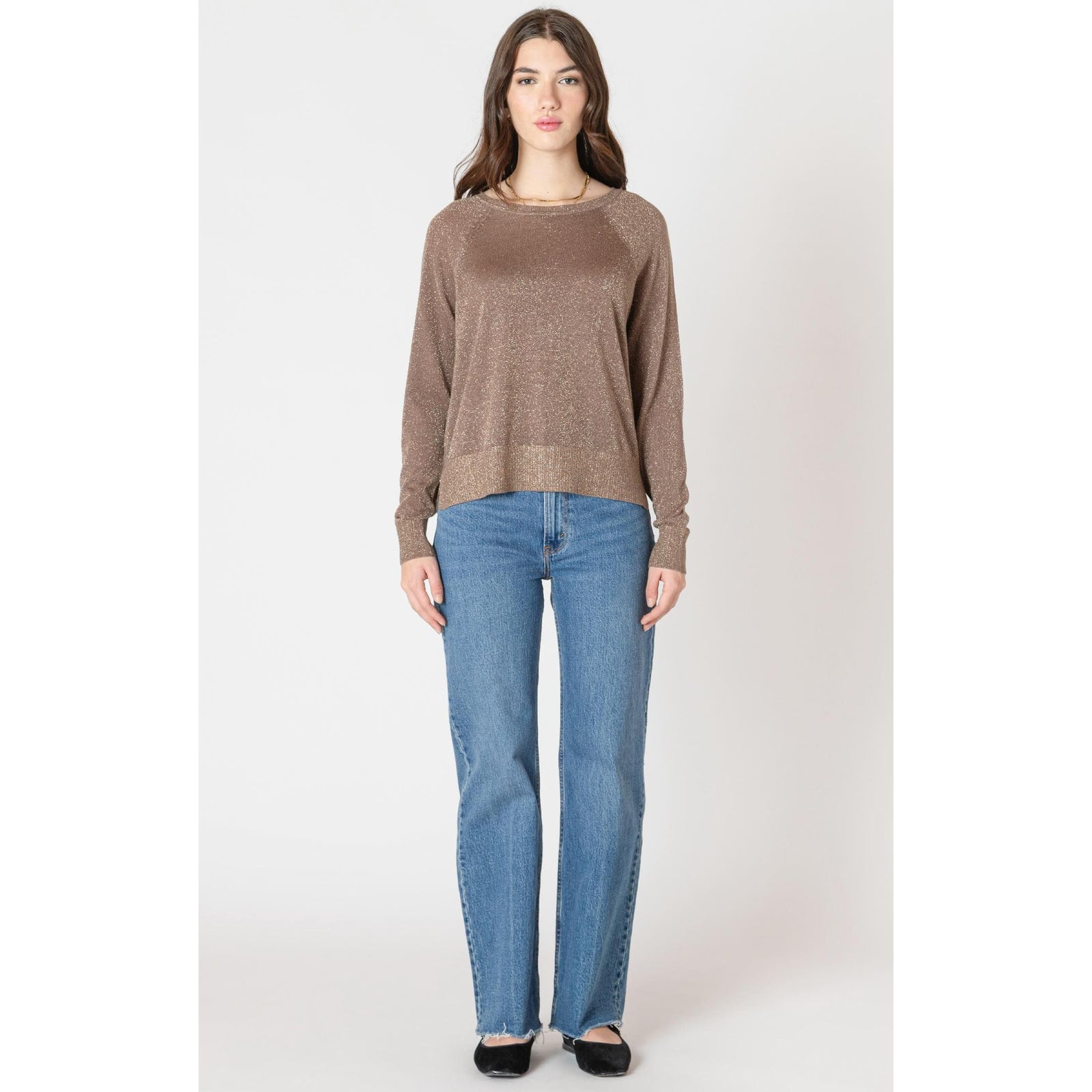 Dex Black Tape Lurex Raglan Sweater with shimmering finish and boat neck on model.