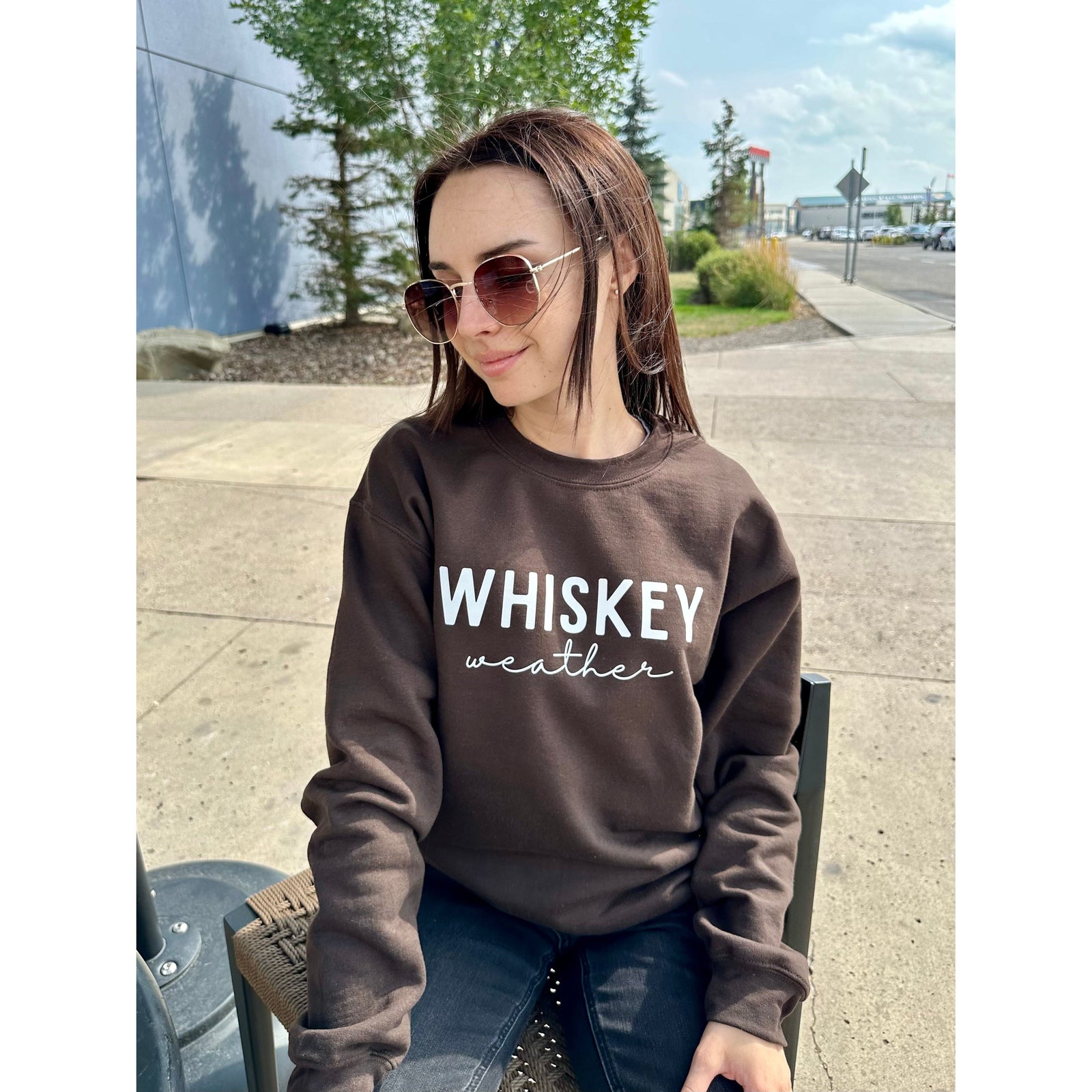 Whiskey Weather Crew Sweater by our store: cozy knit with whiskey nod for warm, refined style.