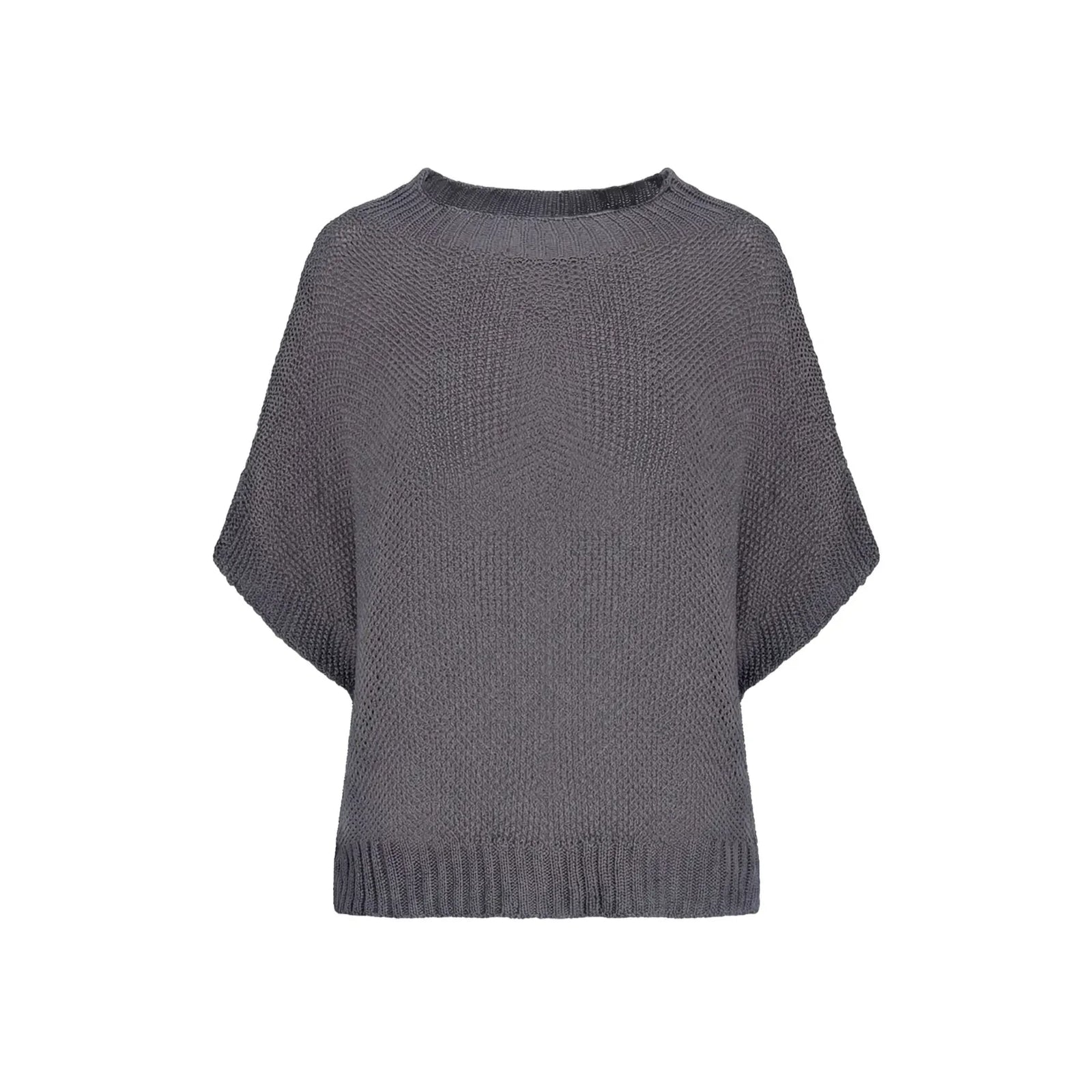 M Made in Italy mock-neck short-sleeve knit pullover in Ash grey, breathable 100% acrylic.
