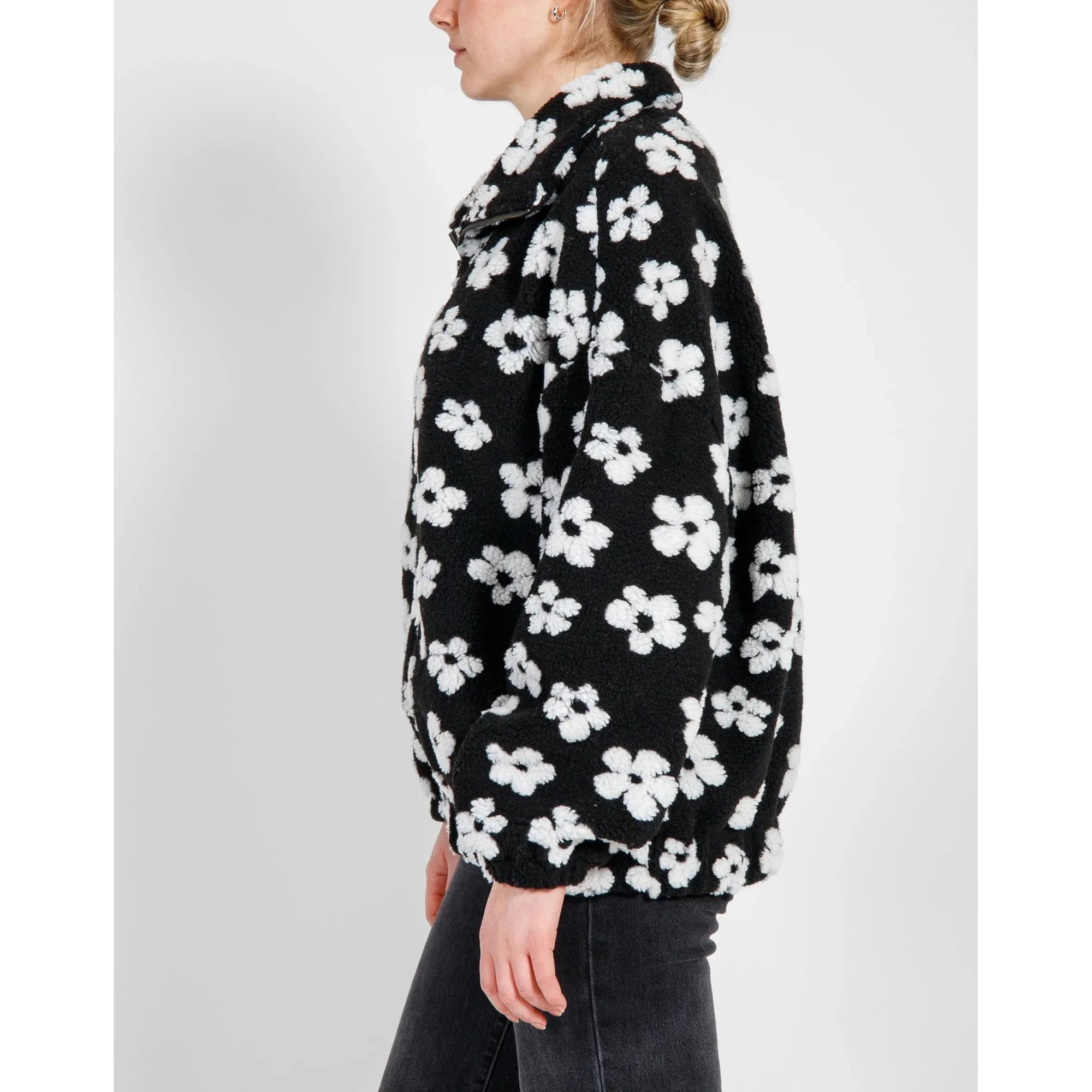 Brunette the Label Black-White / XS-S Brunette the Label all Over Daisy Zip Sherpa Jacket