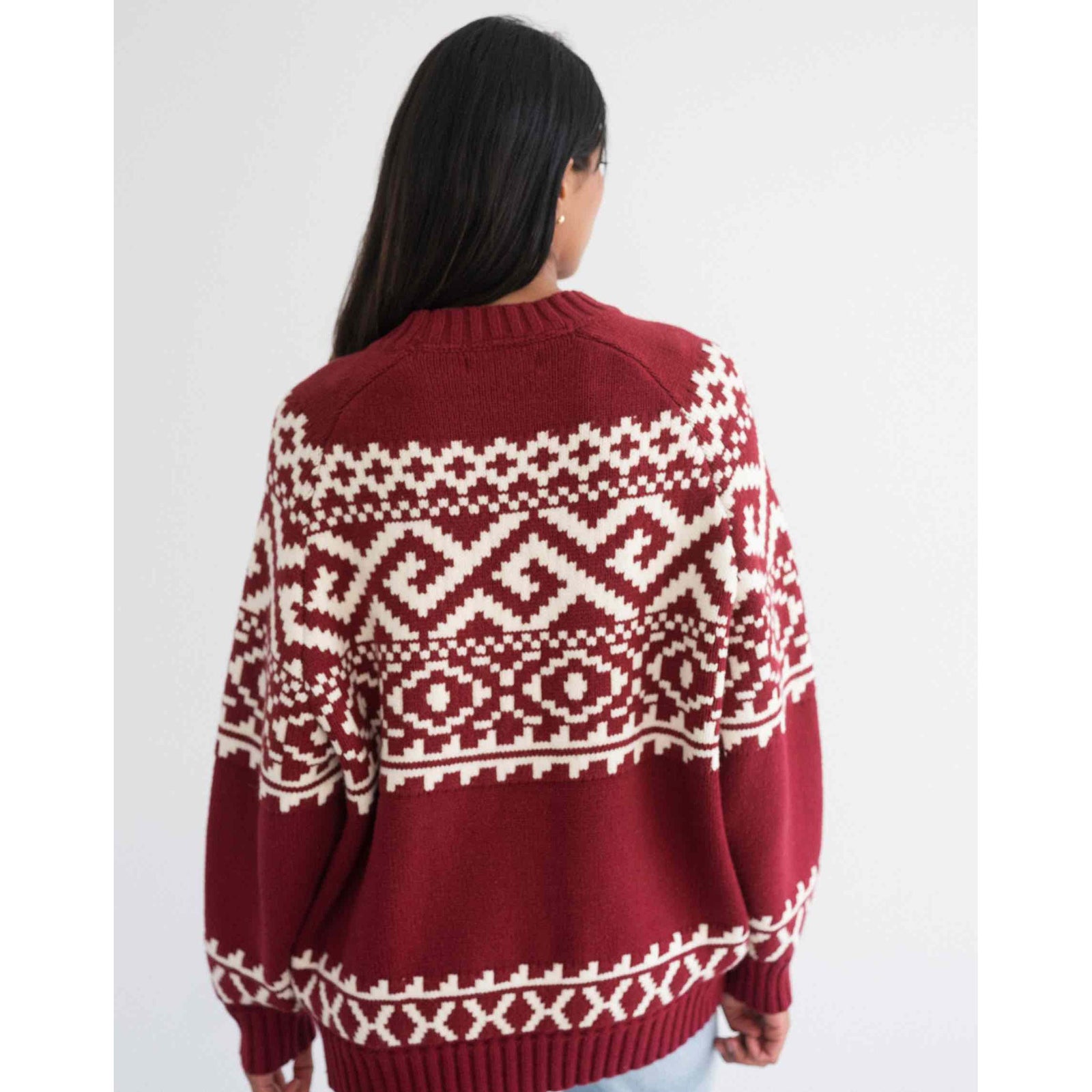Brunette the Label Fair Isle sweater in red with white Nordic pattern, oversized knit, back view.