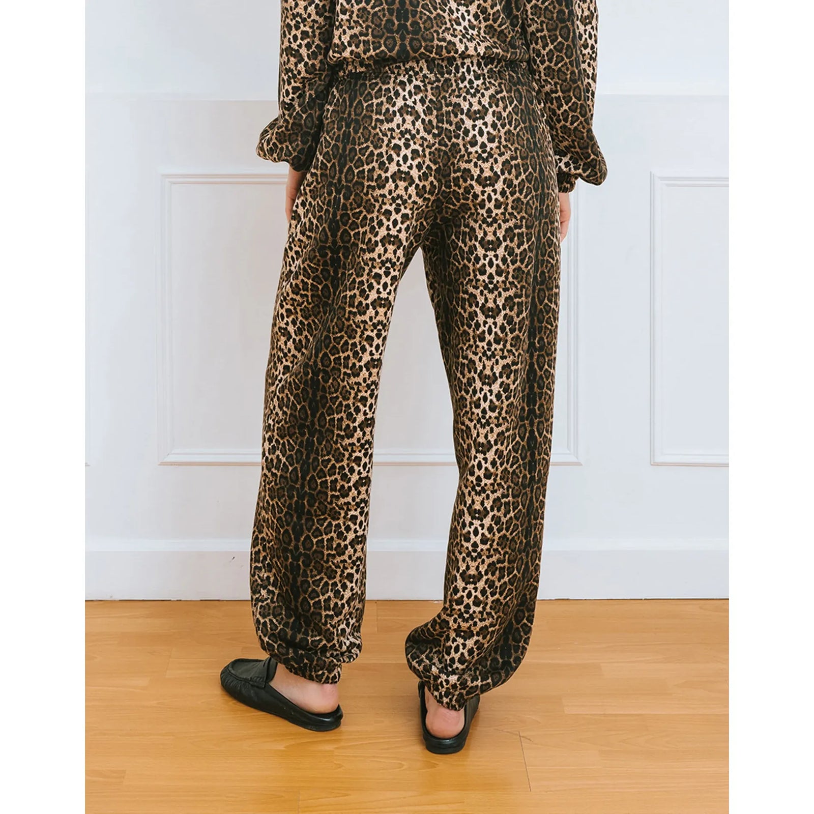 Back view of Brunette the Label Bubble Joggers in leopard print with an oversized silhouette and relaxed fit.
