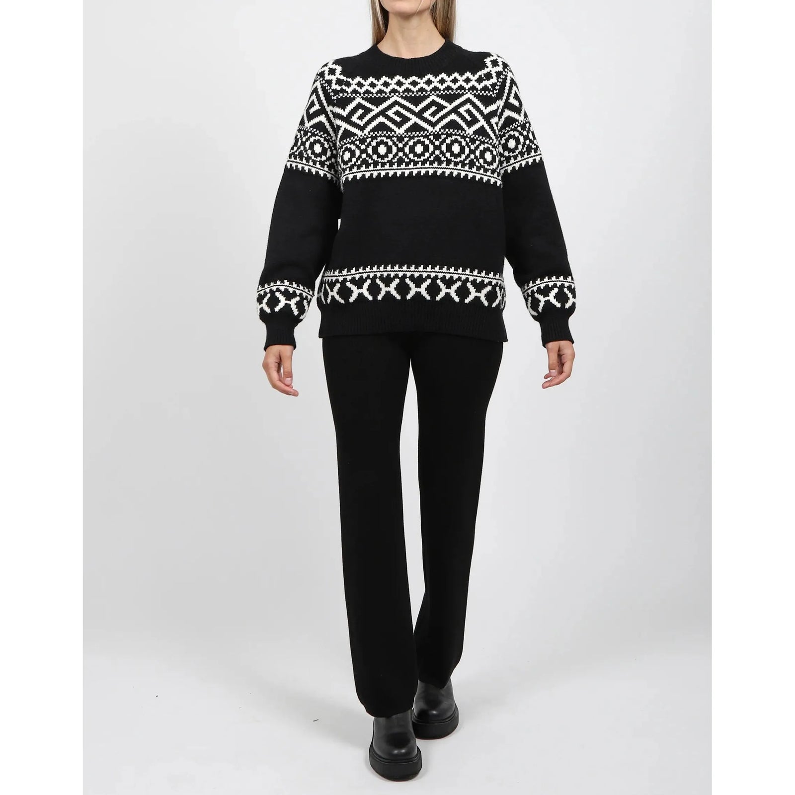 Brunette the Label Fair Isle Sweater in black with white geometric pattern; oversized, drop-shoulder knit.