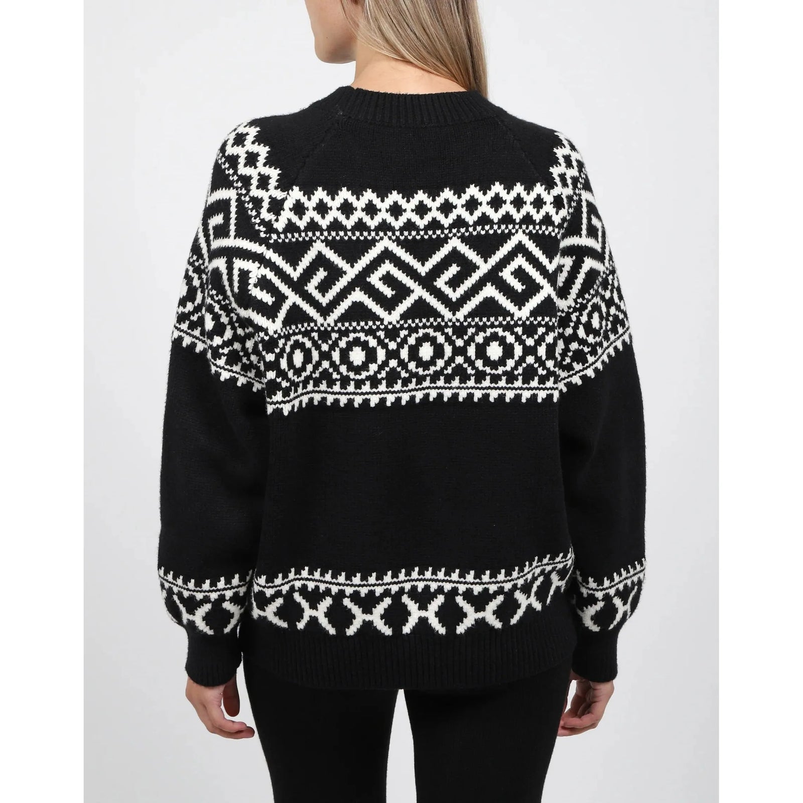 Brunette the Label Fair Isle Sweater in black with white geometric yoke; oversized, drop-shoulder knit.