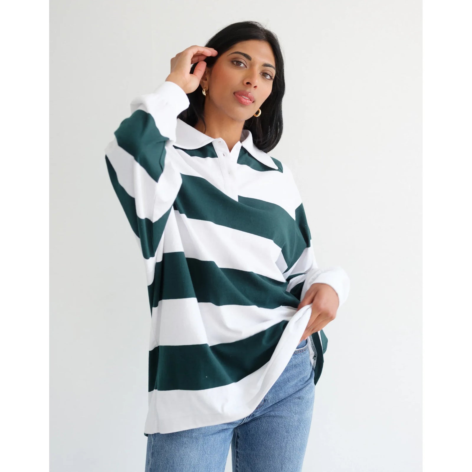 Brunette the Label Rugby Shirt on model - oversized white and green striped cotton polo.