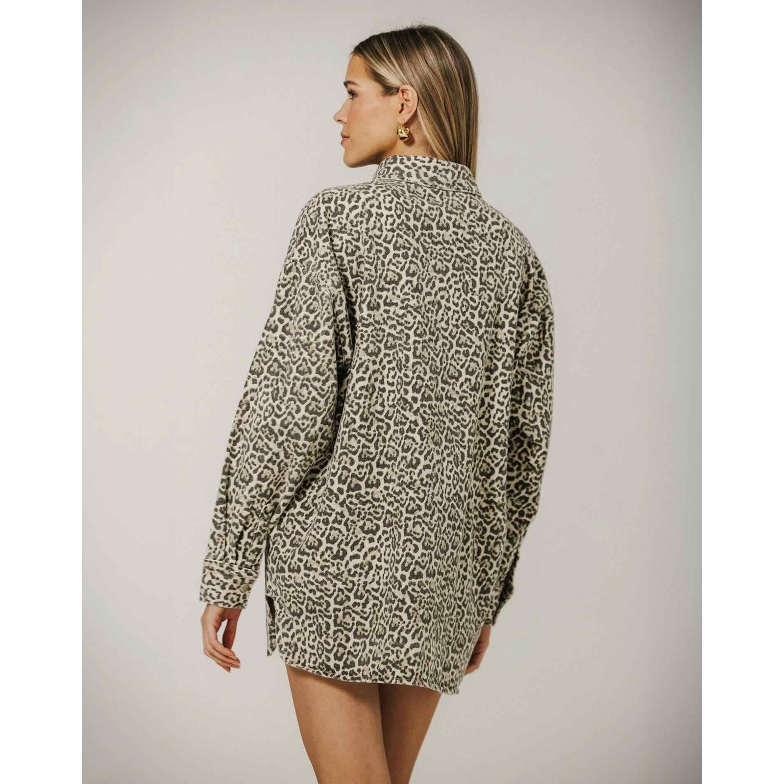 Brunette the Label Shania Denim Jacket, oversized leopard-print denim, back view on model.