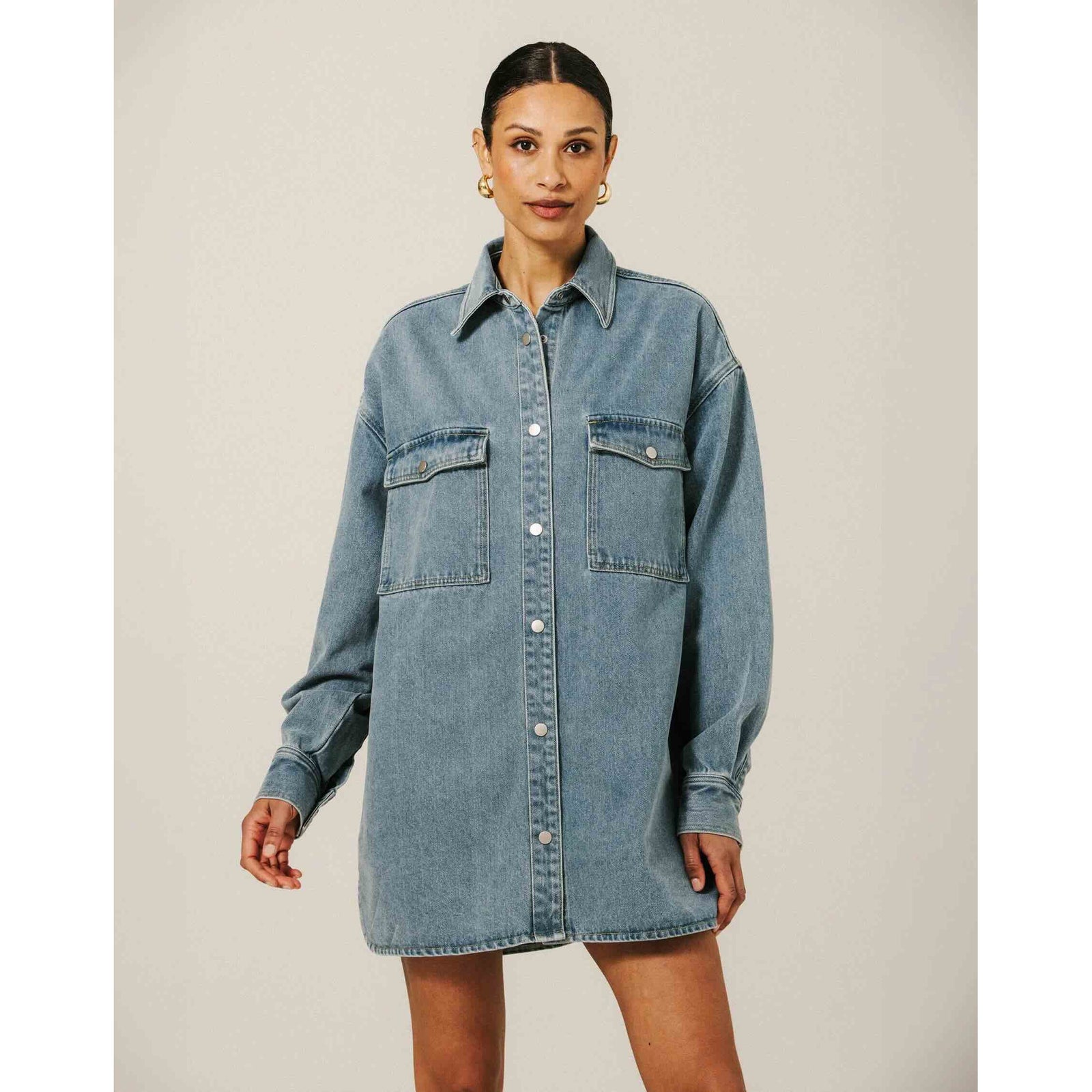 Brunette the Label Shania Denim Jacket on model, oversized blue denim with dropped shoulders and front chest pockets