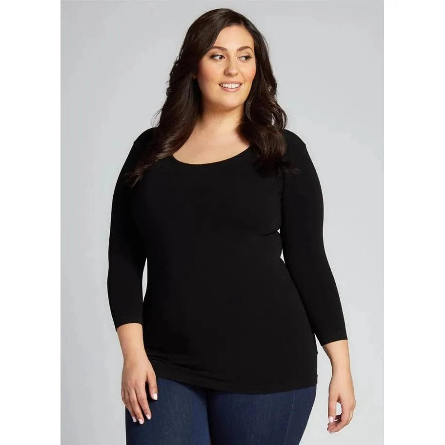 C'est Moi Bamboo Plus Size 3/4 Sleeve Top in black with mid-length sleeves and soft bamboo fabric.