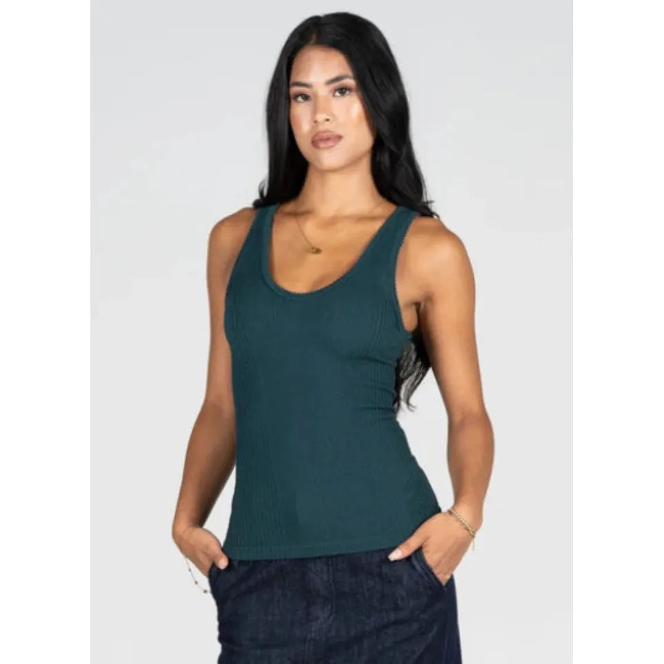 Dark teal bamboo seamless textured tank with a scoop neck and subtle ribbed detailing, featuring a hip-length fit.