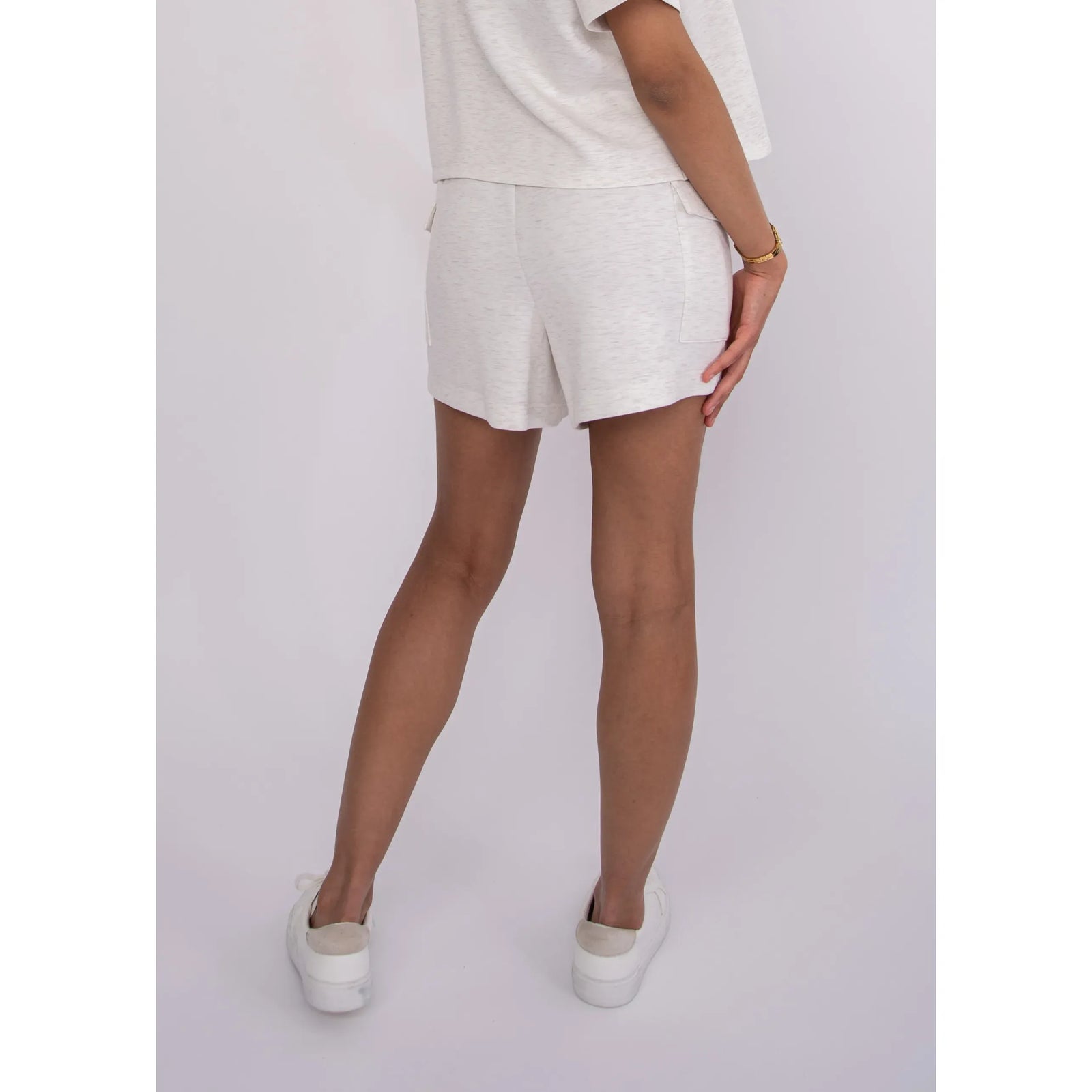 Darcia Soft Knit Drawstring Shorts in heathered ivory melange, back view, relaxed fit.