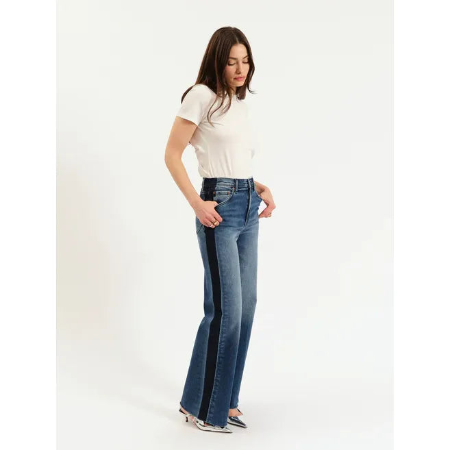 Daze Far Out high-rise wide-leg jeans with black tuxedo stripes down each leg, model in white tee.