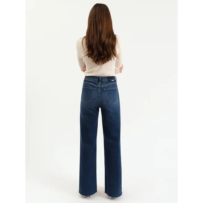 Daze Far Out High Rise Wide Leg Waterfall jeans worn by model (back view) in dark blue denim — Daze.
