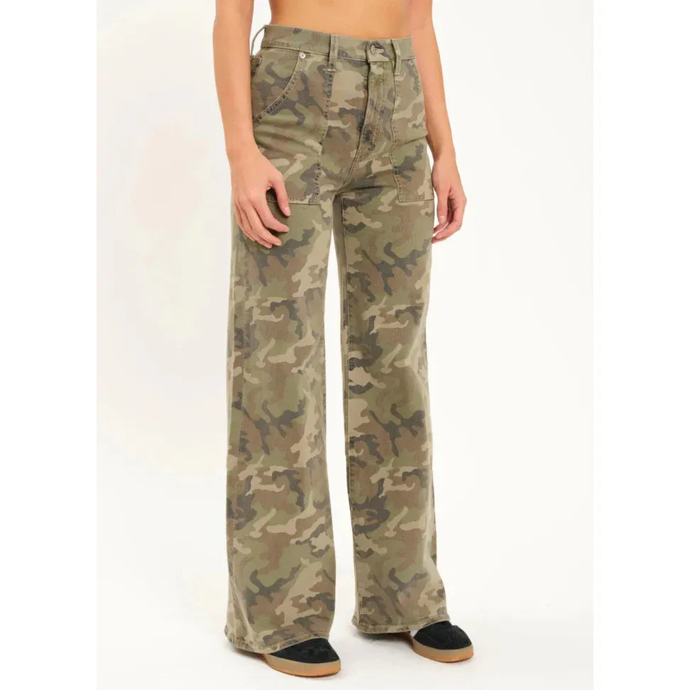 Daze Far Out High Rise Wide Leg pants in Hideaway camouflage with pre-rolled cuffs.