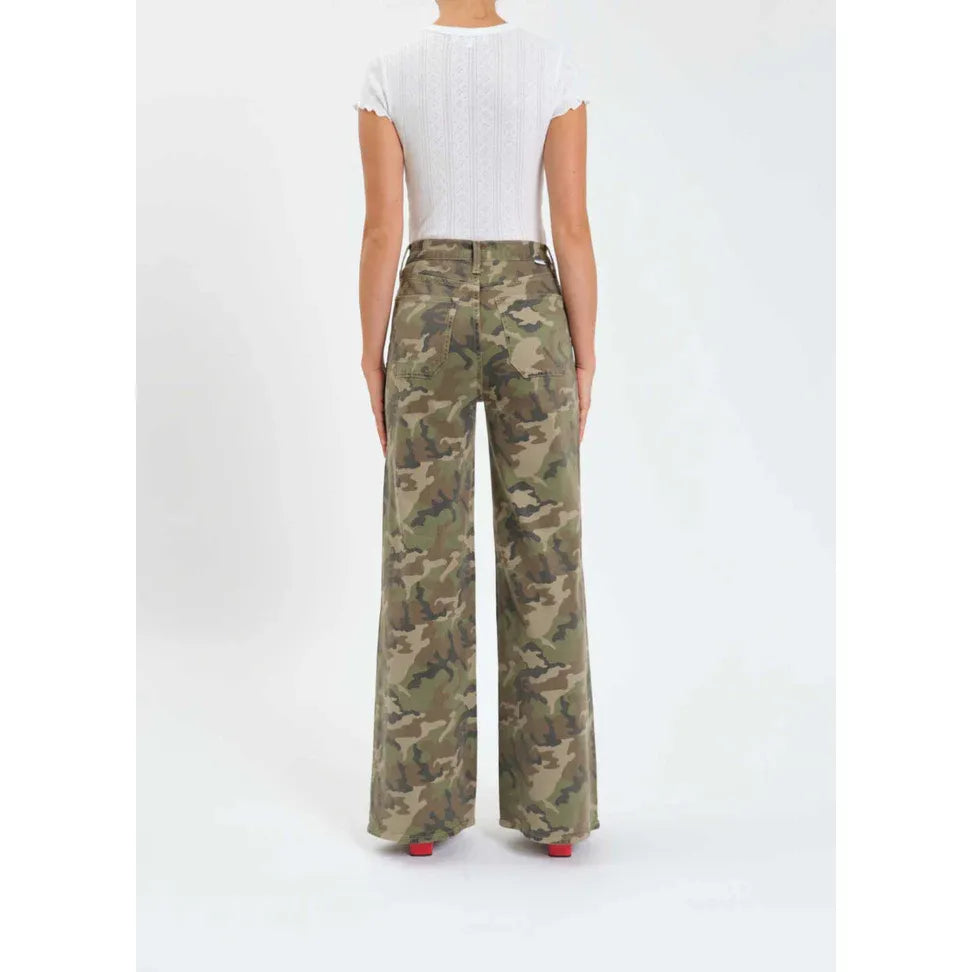 Back view of a model wearing Daze Far Out High Rise Wide Leg in Hideaway camouflage pants.