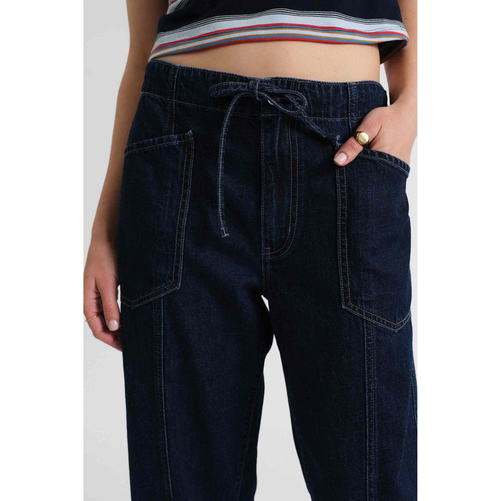 Daze Villa Drawstring Barrel in Blue Mood denim pants with a relaxed fit, drawstring waist, and front patch pockets.