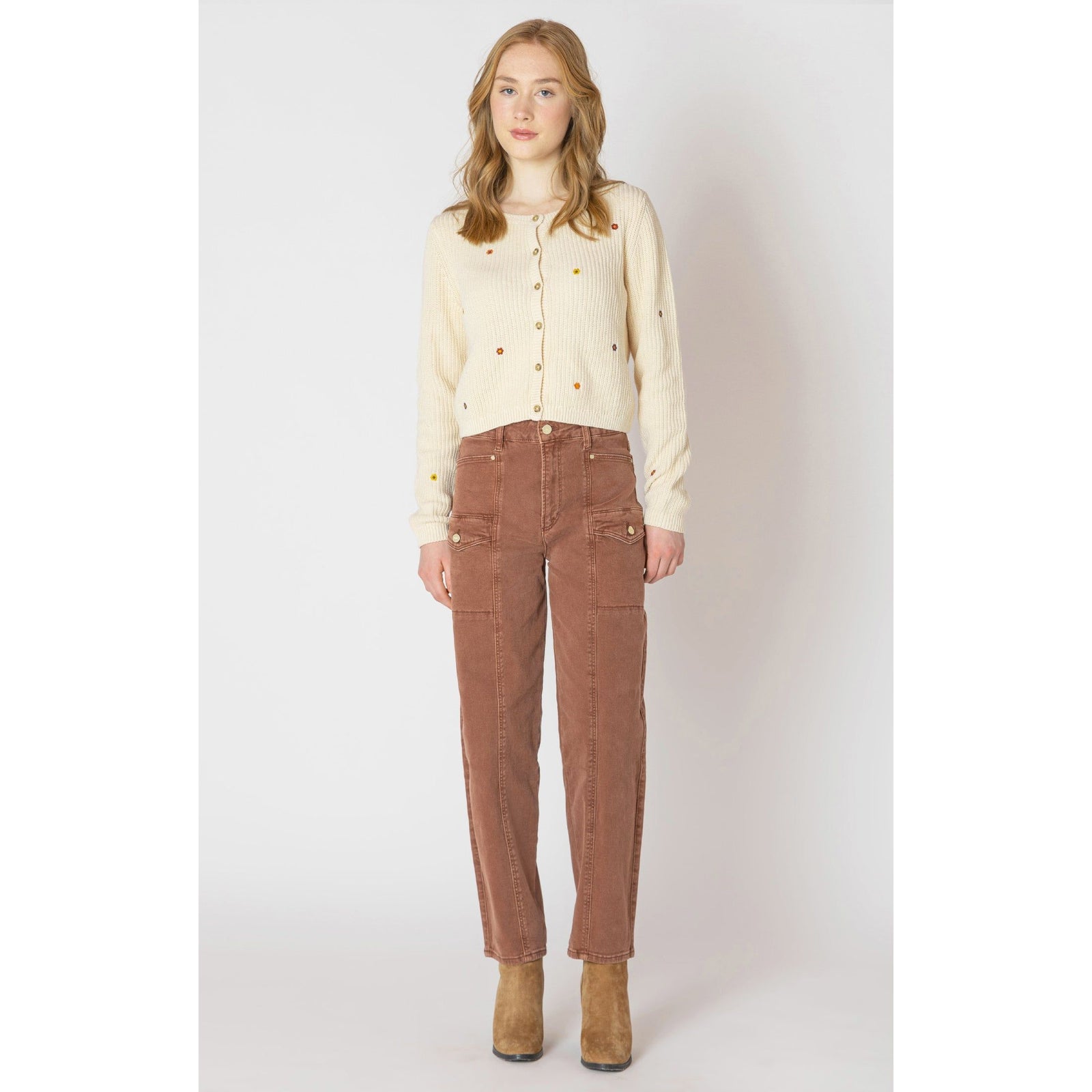 Stylish Dex Barrel Leg Pant features cargo pockets, perfect for fall fashion with a cozy, playful twist.