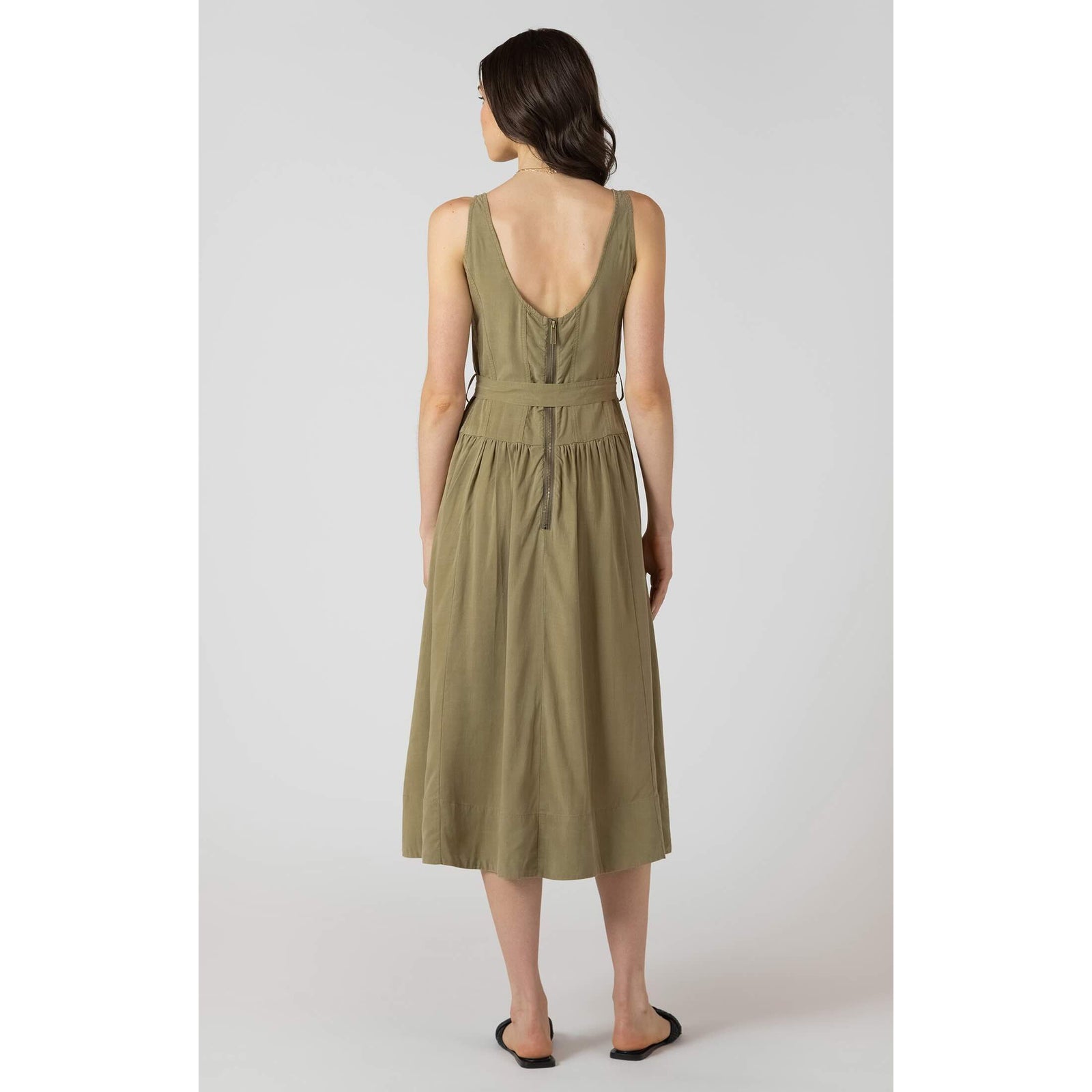 Dex Belted Drop Waist Midi Dress in olive green with back zipper.