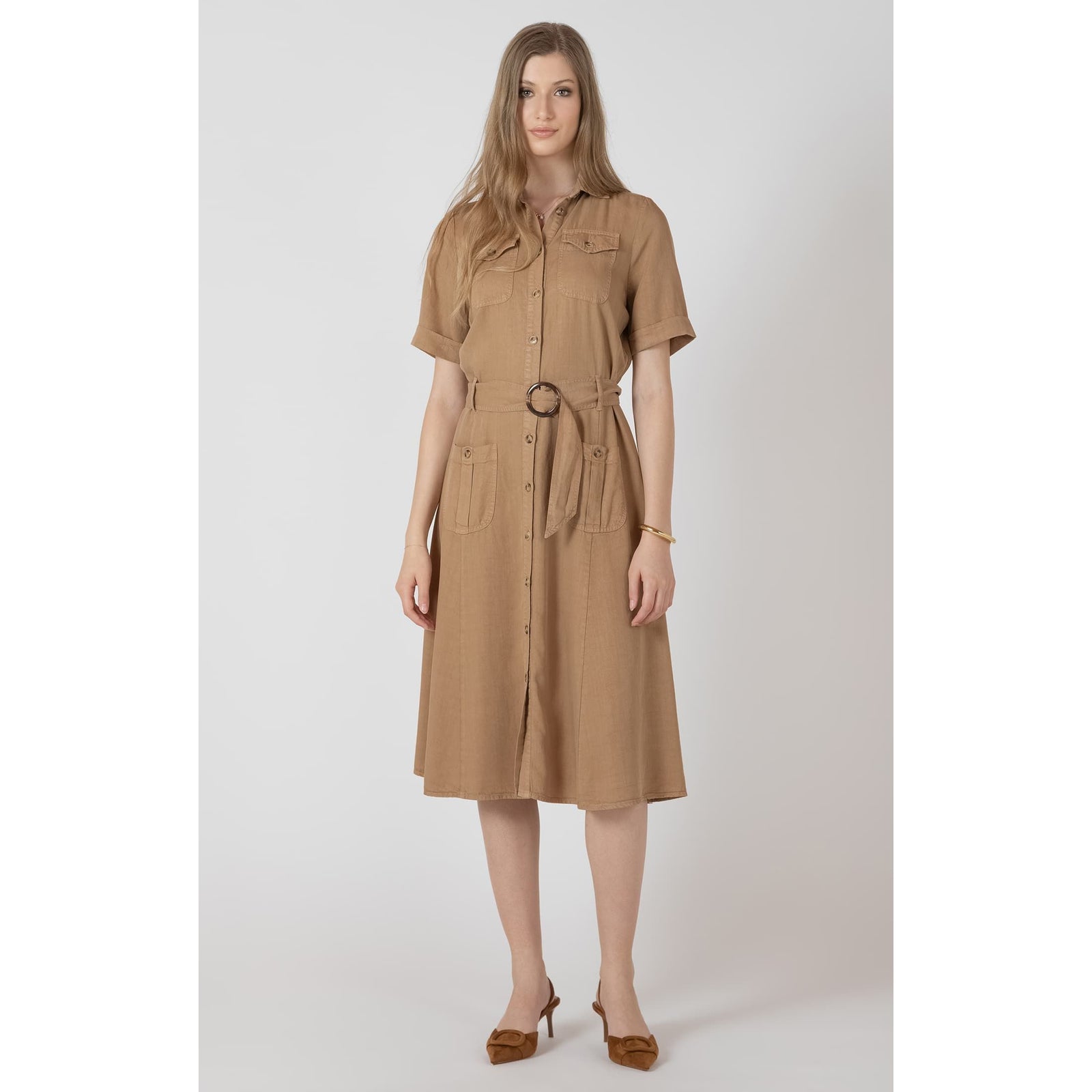 Dex Black Tape Belted Utility Midi Dress in taupe Tencel denim-look with belted waist and front pockets.