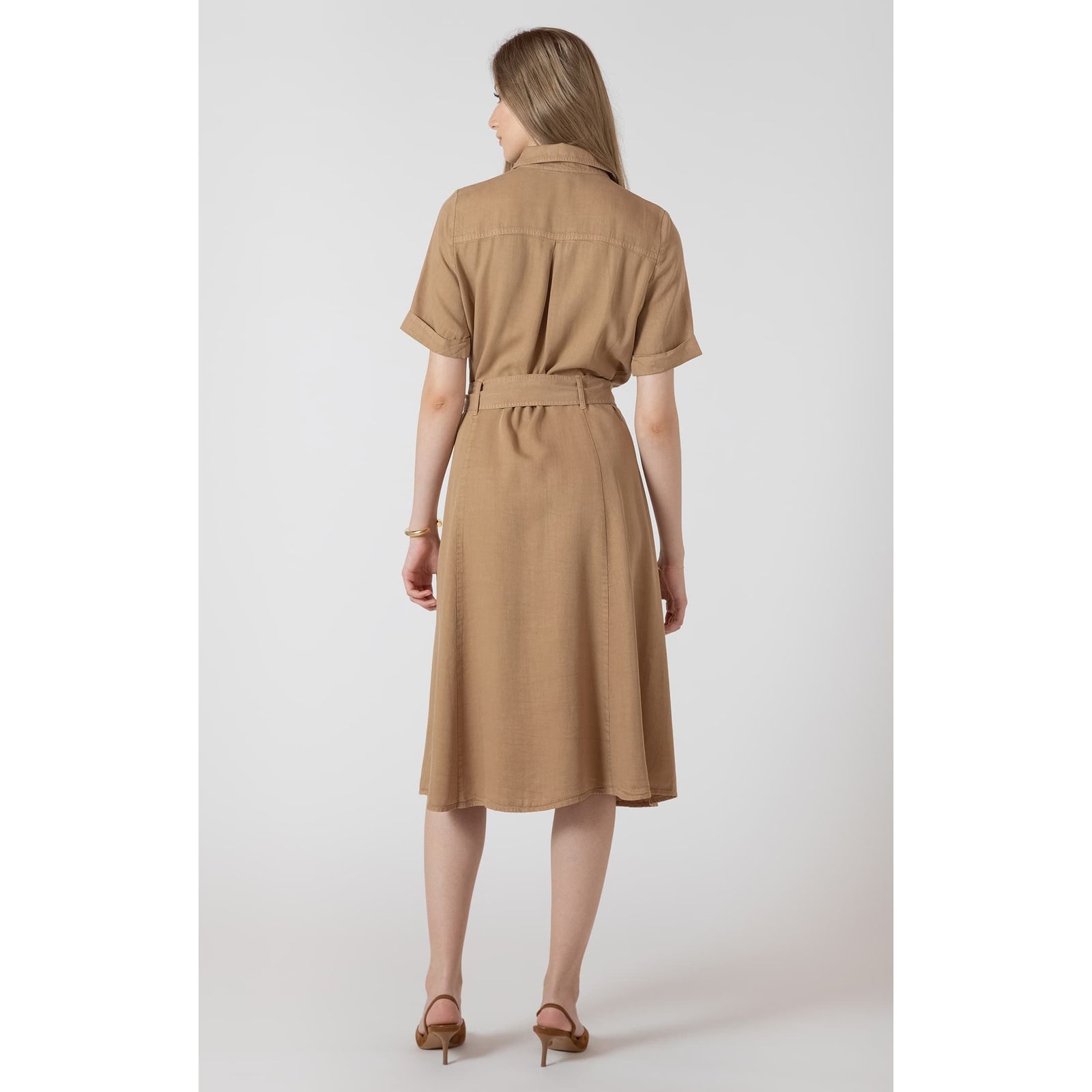 Dex Black Tape Belted Utility Midi Dress in denim-look Tencel, back view with belt and rolled sleeves.