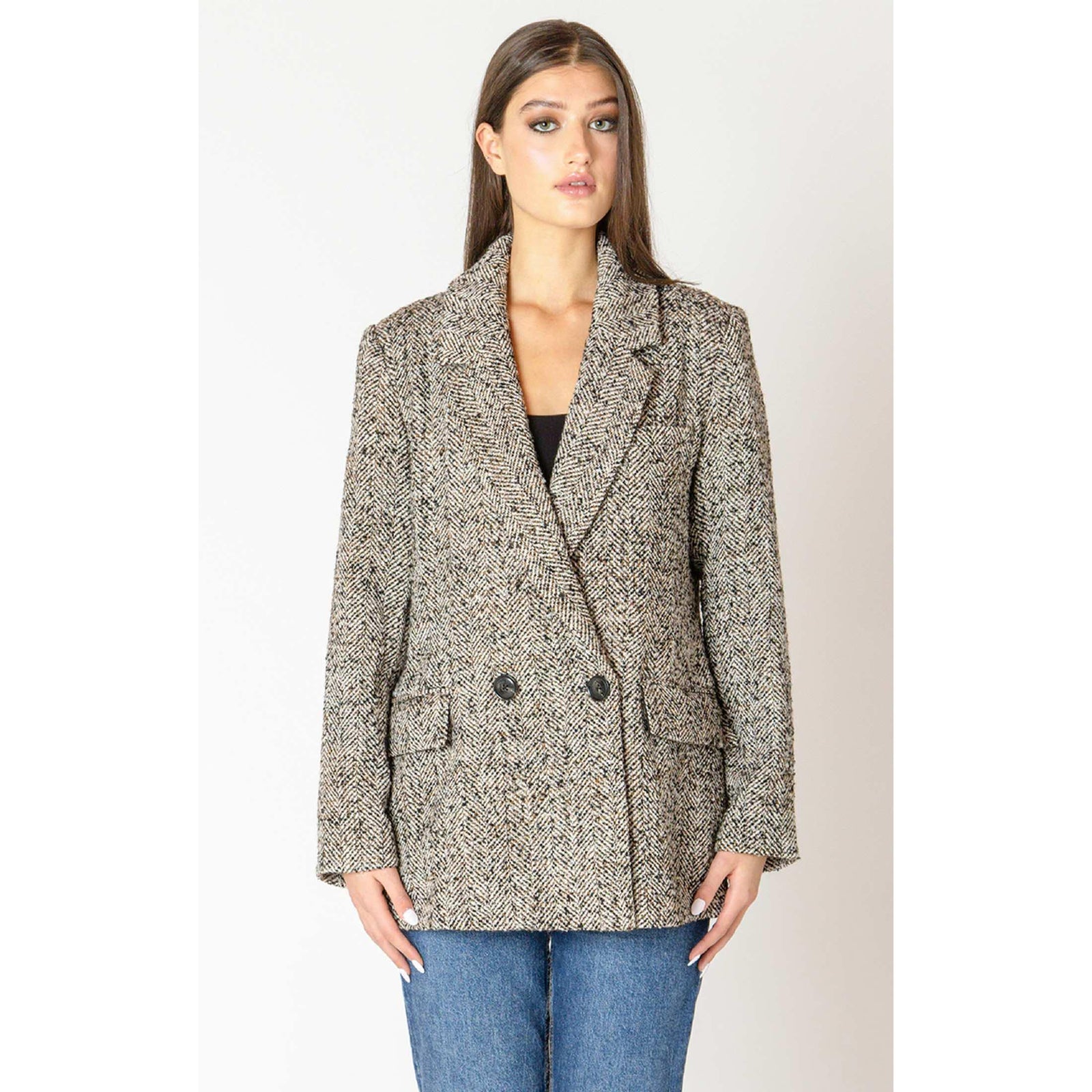 Stylish Dex Black Tape Textured Longline Blazer in cozy tweed, perfect for autumn layering and chic looks.