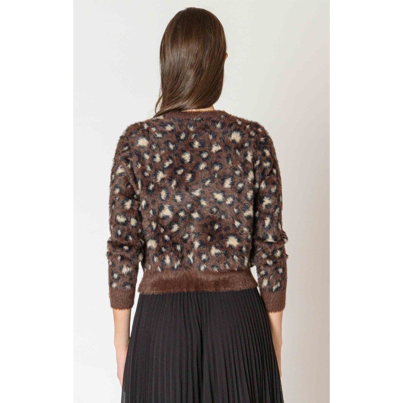 Dex Black Tape Soft Touch Patterned Cardigan, brown animal print, long-sleeve, back view.