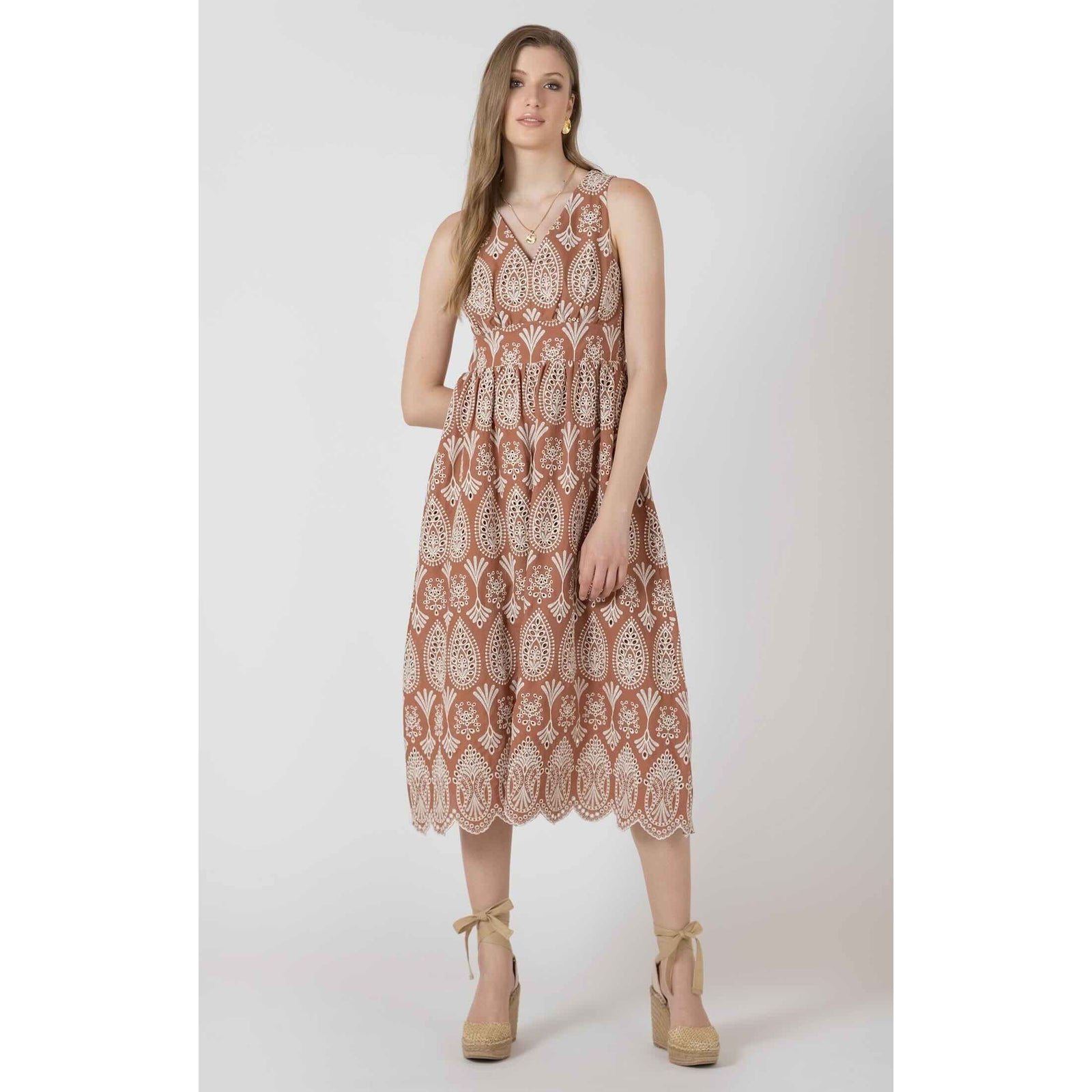 Dex Black Tape V Neck Eyelet Dress in tan, midi length with scalloped hem