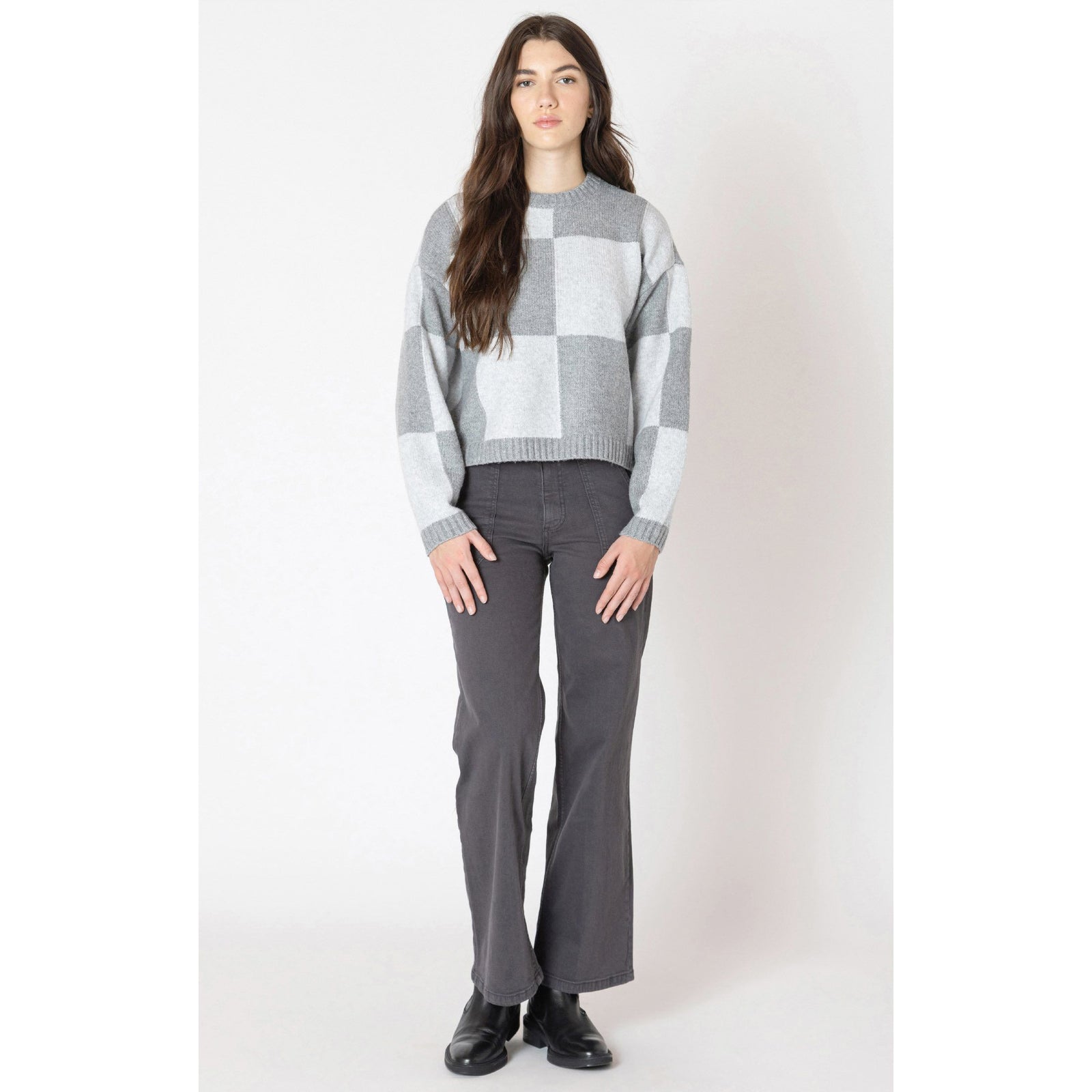 Dex Black Colour Block Crew Sweater on model with grey blocks and long sleeves.