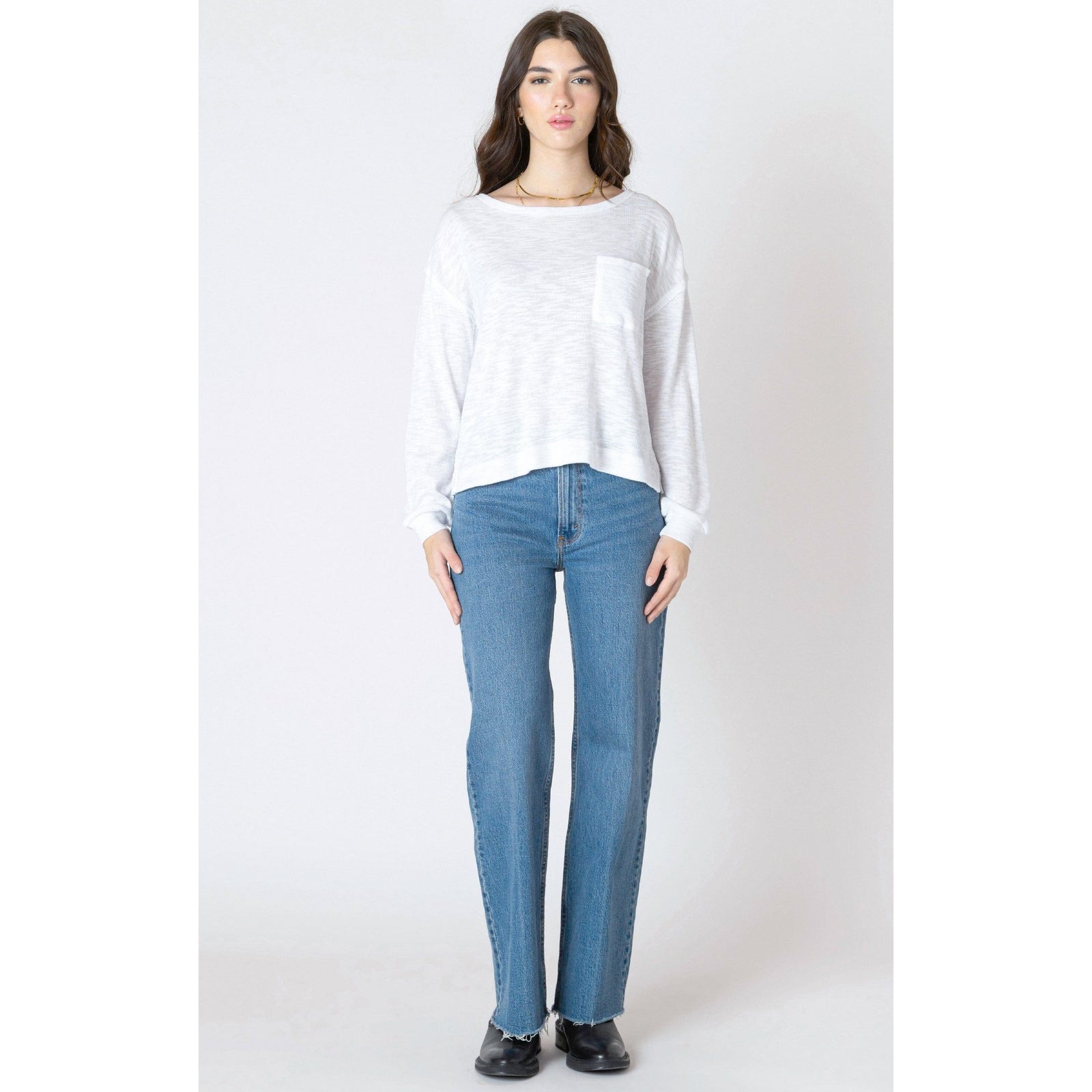 Stay stylish in the cozy Dex Crew Neck Sweatshirt with ribbed neck and patch pocket, perfect for casual wear.